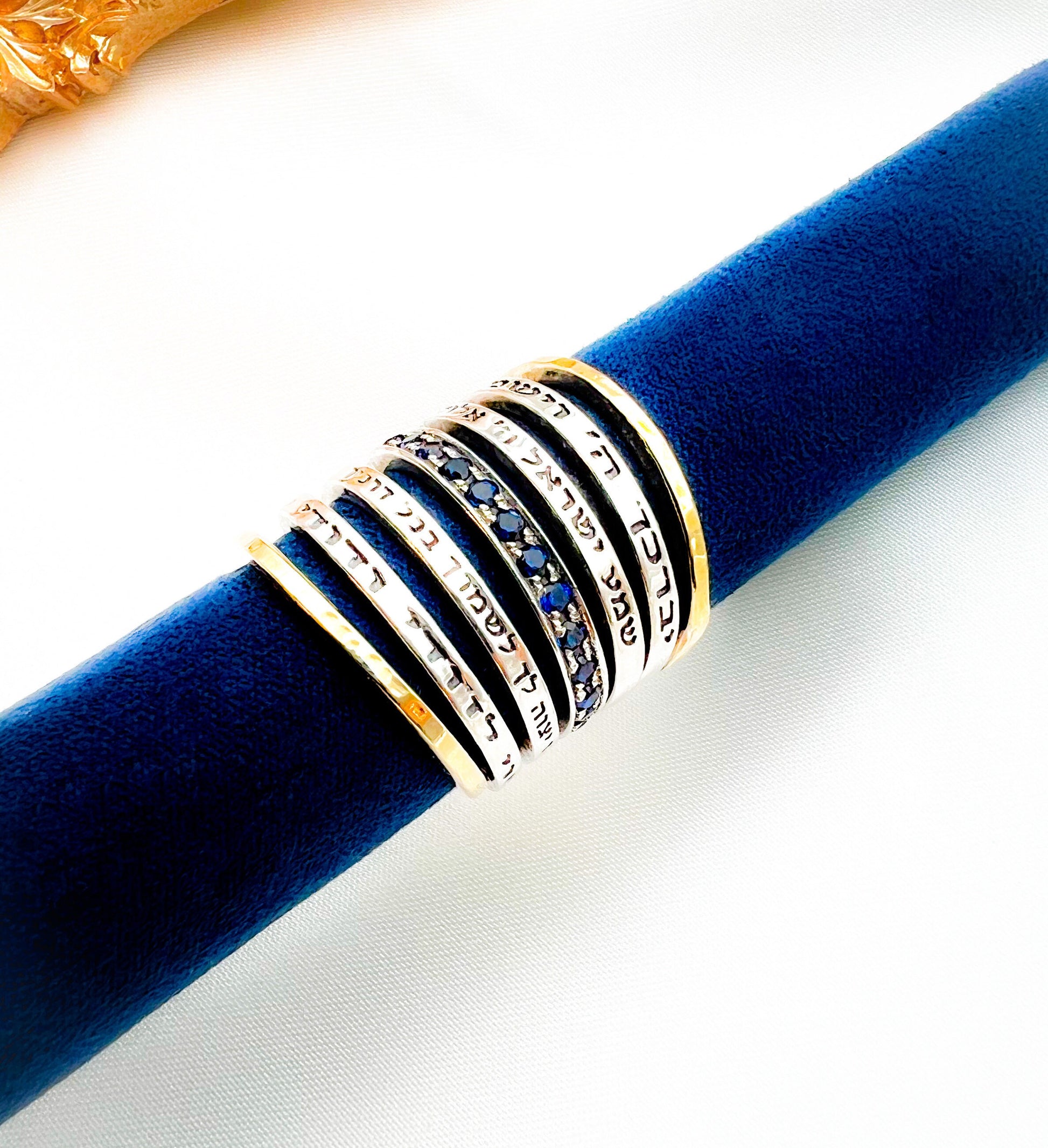 Blue Sapphire Ring with Beloved Inscription in 14k Gold and Silver