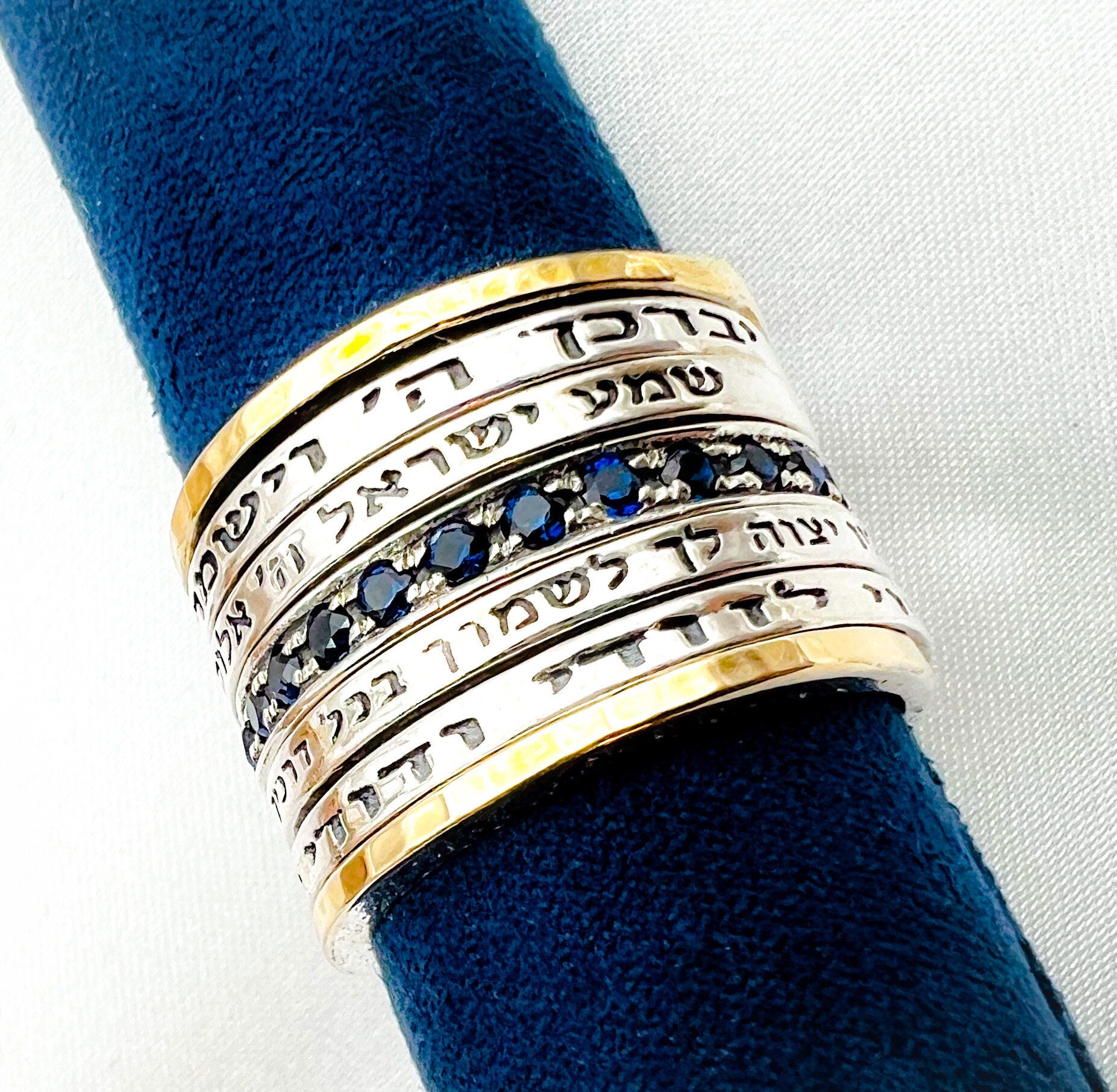 Blue Sapphire Ring with Beloved Inscription in 14k Gold and Silver