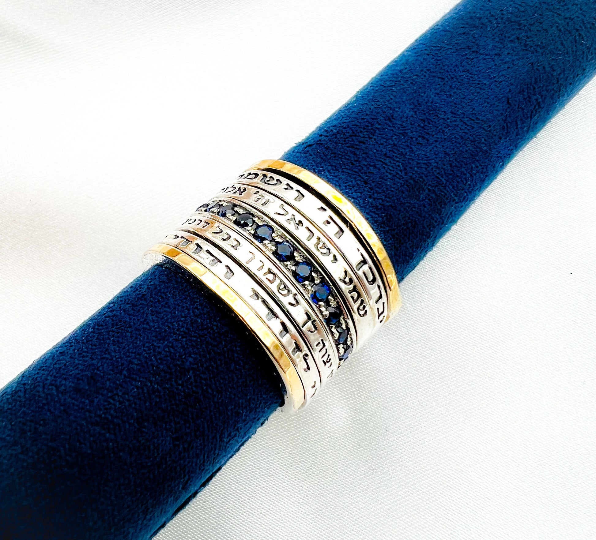 Blue Sapphire Ring with Beloved Inscription in 14k Gold and Silver