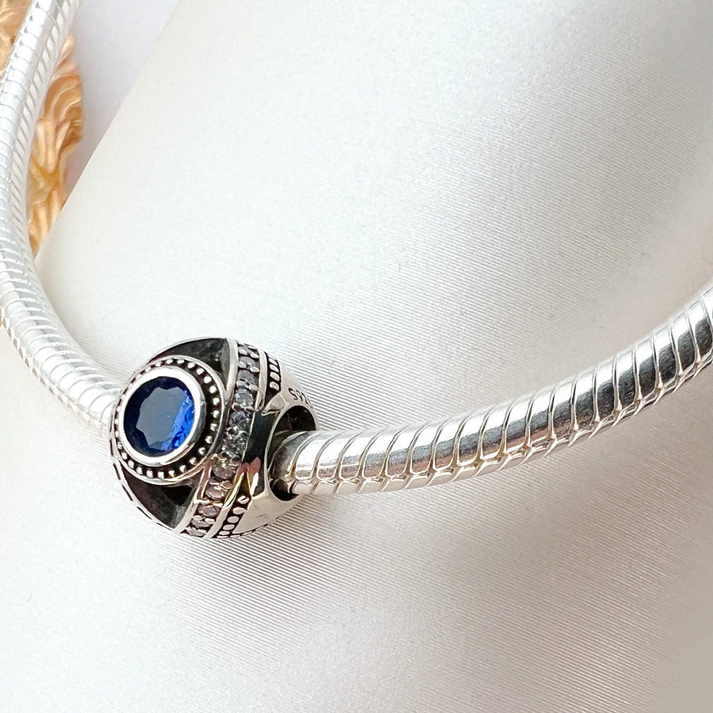 Sterling Silver Evil Eye Charm with Blue Sapphires and White Zircons – Protective and Stylish for Pandora Bracelets
