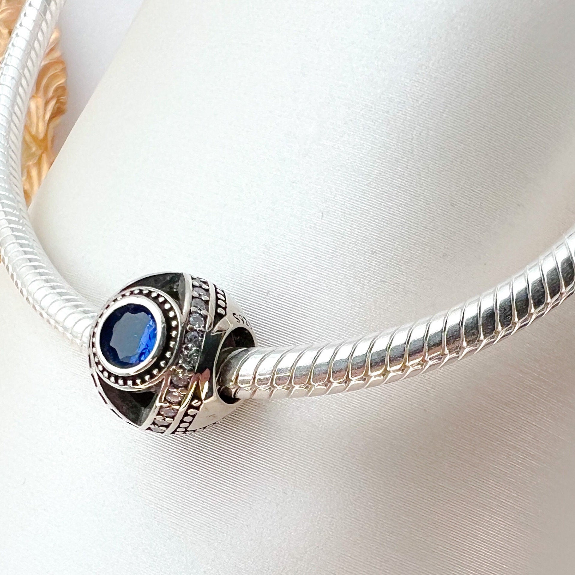 Sterling Silver Evil Eye Charm with Blue Sapphires and White Zircons – Protective and Stylish for Pandora Bracelets