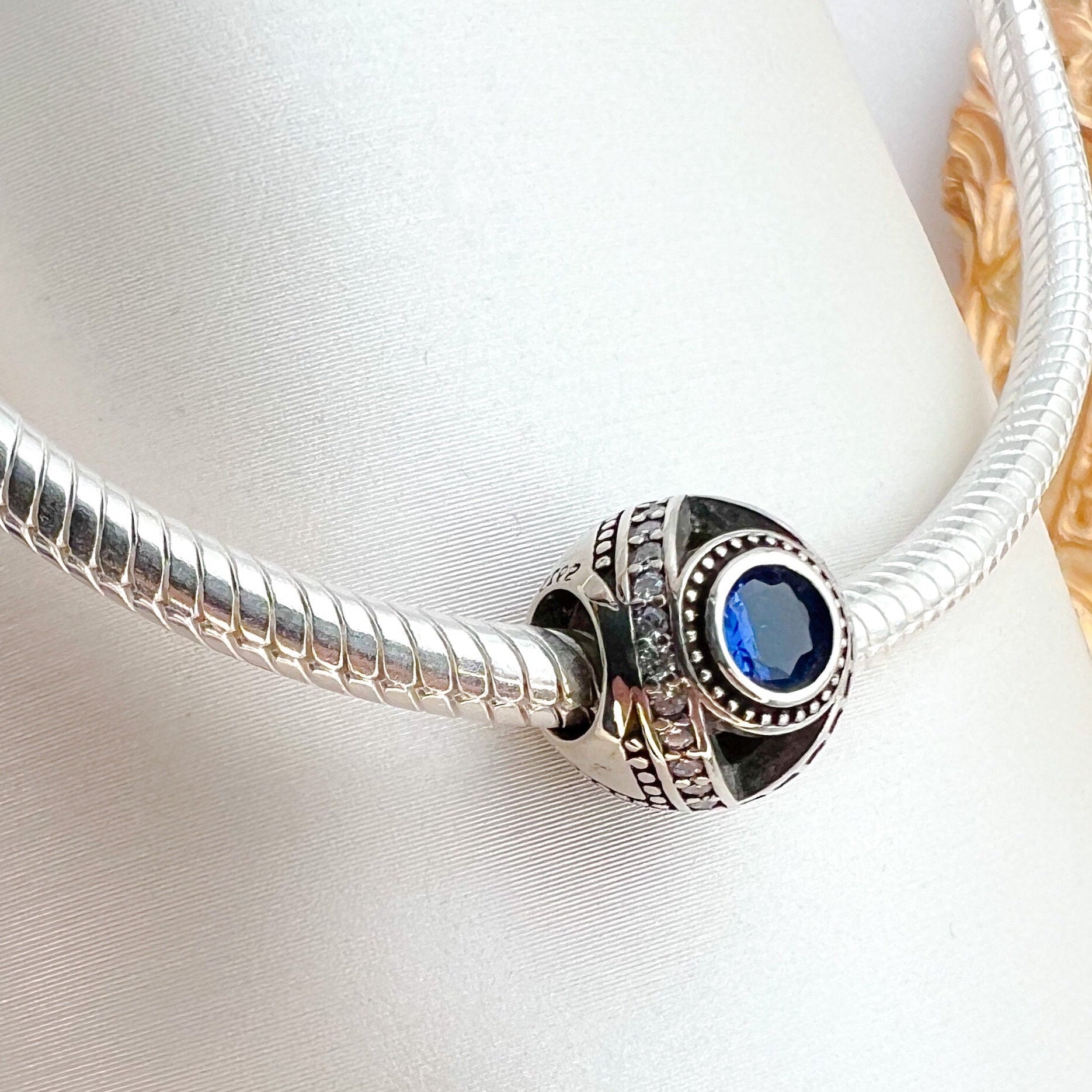 Sterling Silver Evil Eye Charm with Blue Sapphires and White Zircons – Protective and Stylish for Pandora Bracelets