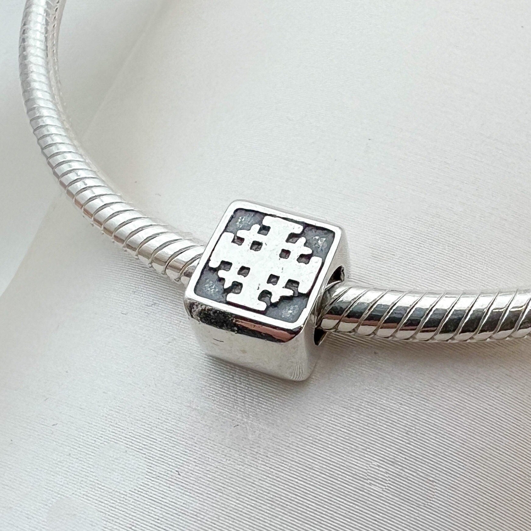 Elegant Jerusalem Cross Cube Charm in Sterling Silver – Perfect for Pandora Bracelets