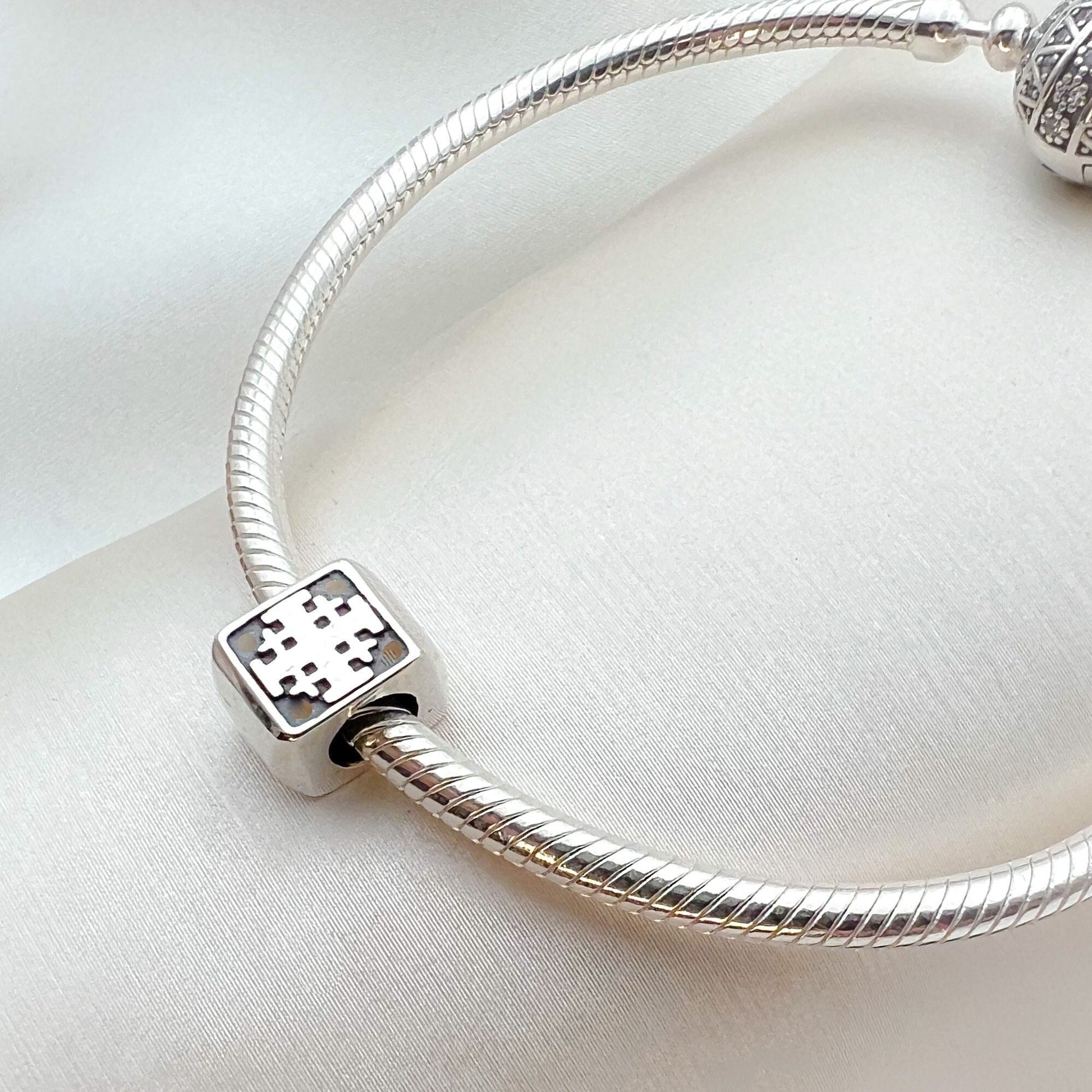 Elegant Jerusalem Cross Cube Charm in Sterling Silver – Perfect for Pandora Bracelets