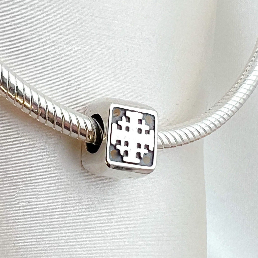 Elegant Jerusalem Cross Cube Charm in Sterling Silver – Perfect for Pandora Bracelets