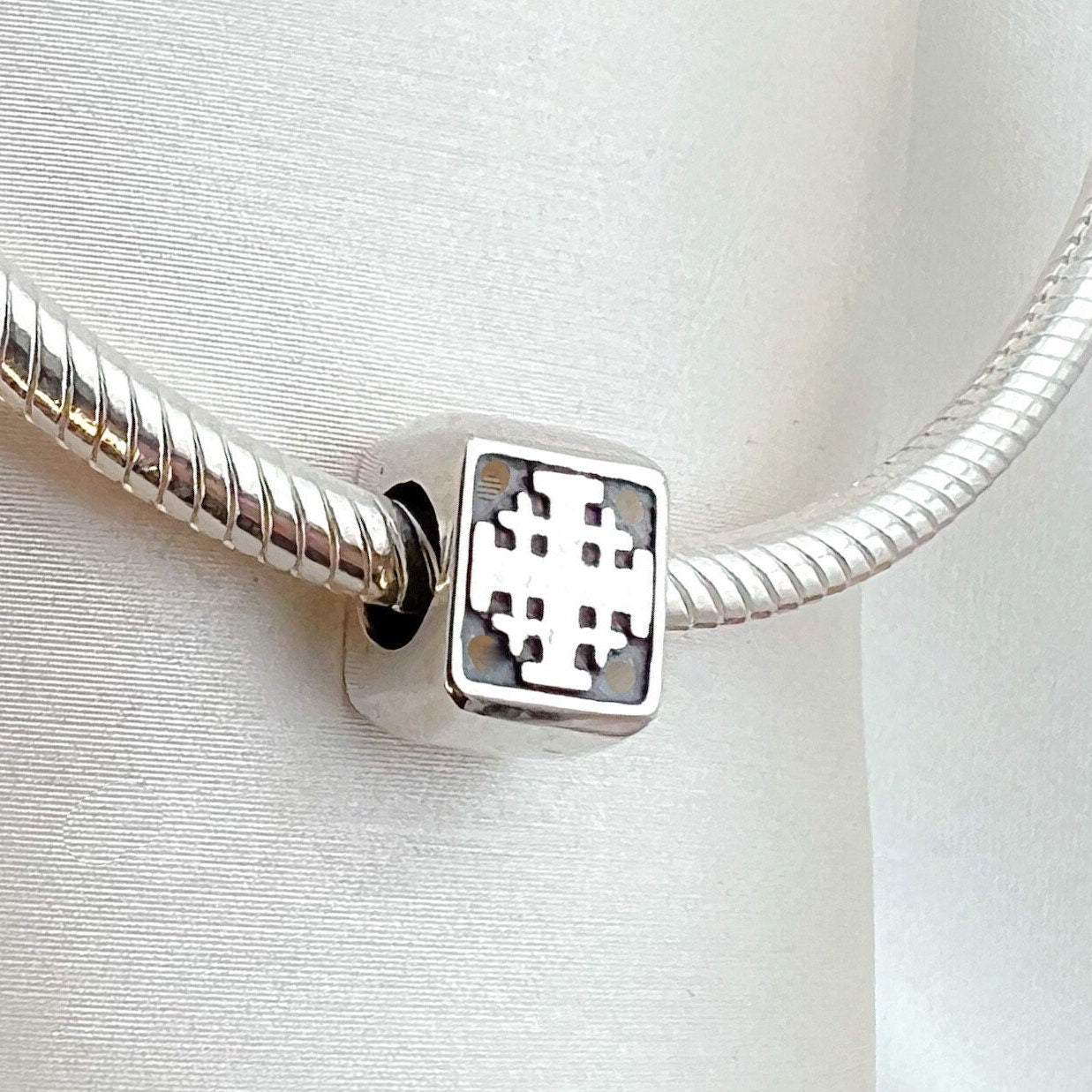 Elegant Jerusalem Cross Cube Charm in Sterling Silver – Perfect for Pandora Bracelets