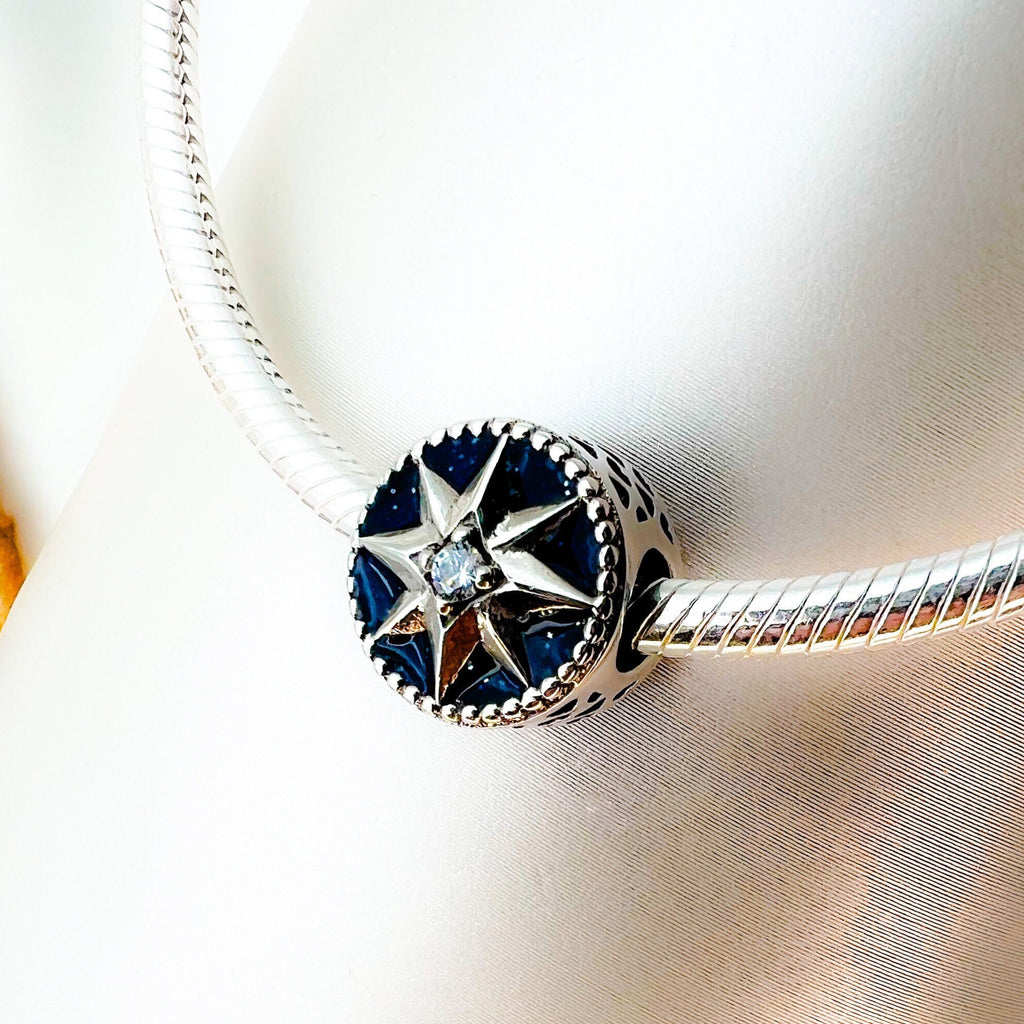 Blue Enamel Star of Bethlehem Charm in Silver 925 with Zircon Accents - Suits Pandora Bracelets