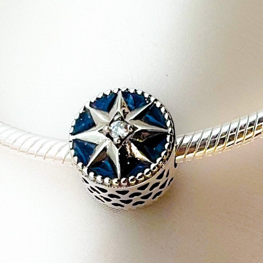 Blue Enamel Star of Bethlehem Charm in Silver 925 with Zircon Accents - Suits Pandora Bracelets