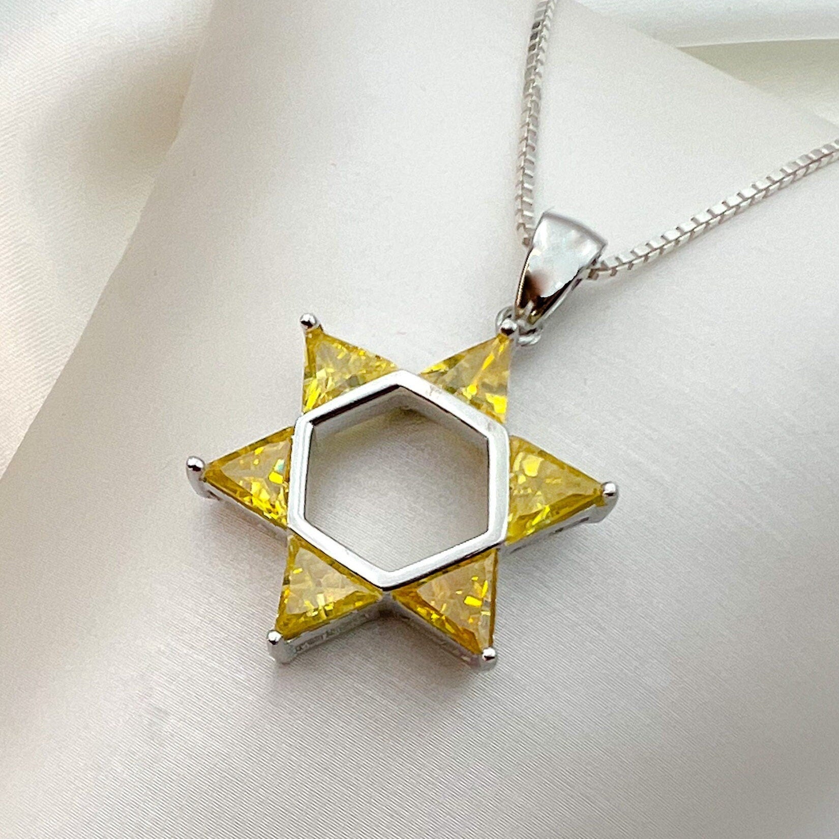 Sterling Silver David Star Pendant Adorned with Citrine Stones – Includes 925 Silver Chain