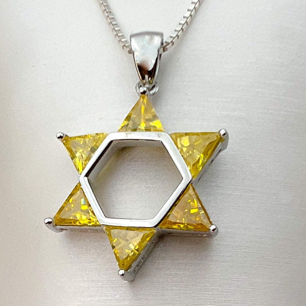 Sterling Silver David Star Pendant Adorned with Citrine Stones – Includes 925 Silver Chain