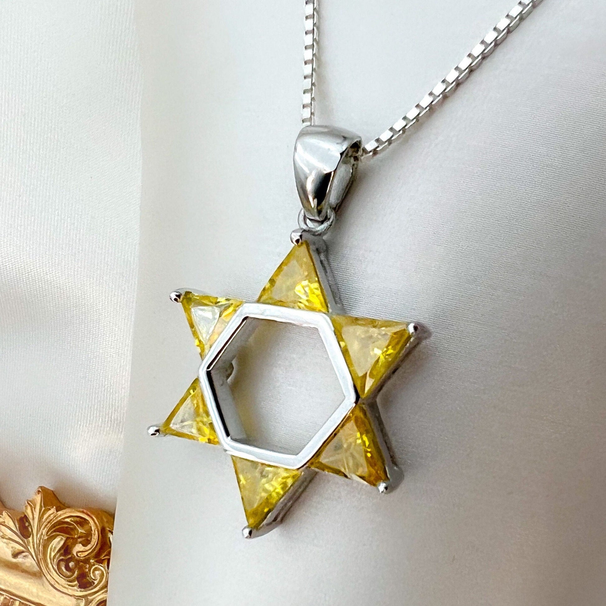 Sterling Silver David Star Pendant Adorned with Citrine Stones – Includes 925 Silver Chain