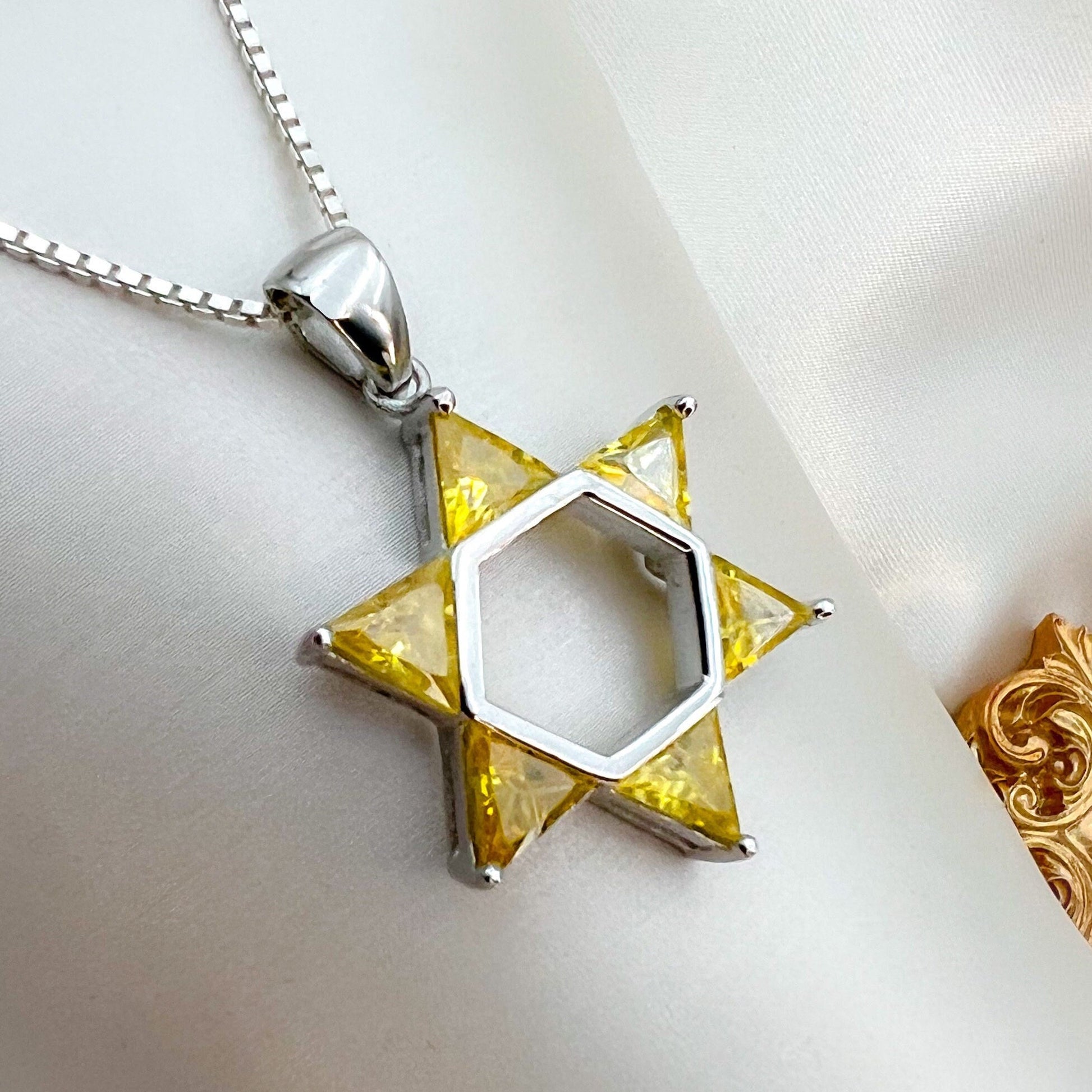 Sterling Silver David Star Pendant Adorned with Citrine Stones – Includes 925 Silver Chain