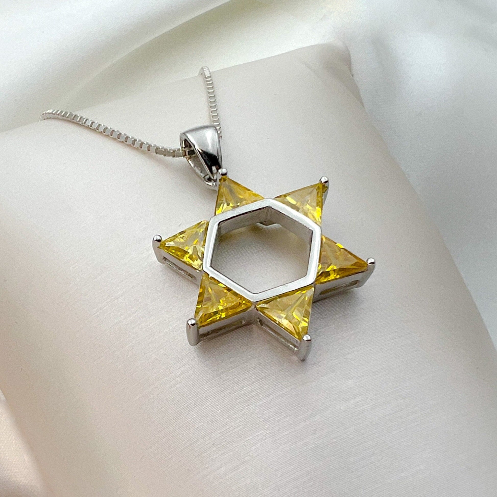 Sterling Silver David Star Pendant Adorned with Citrine Stones – Includes 925 Silver Chain