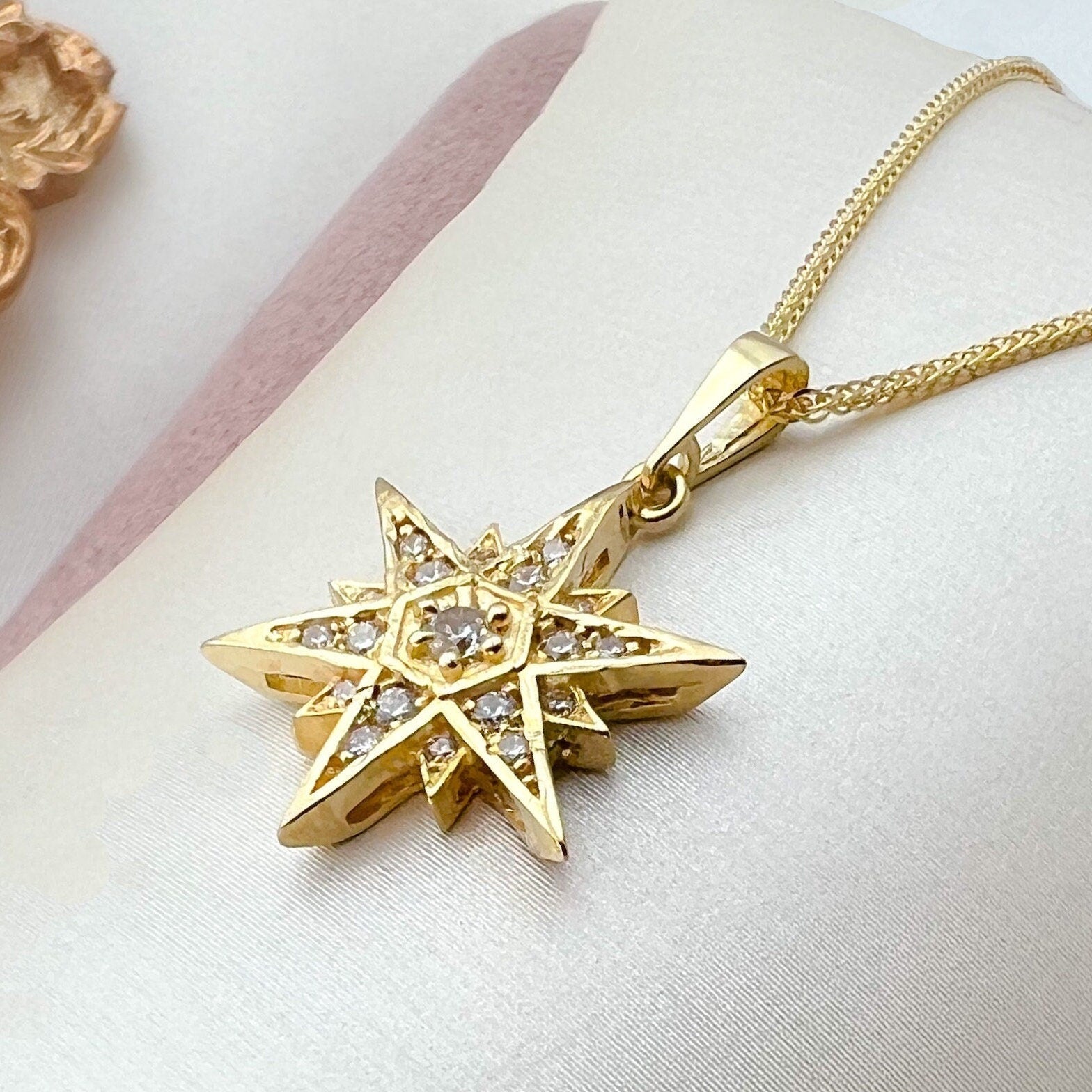 Star of Bethlehem 14k Gold Pendant with White Zircons and Gold Chain