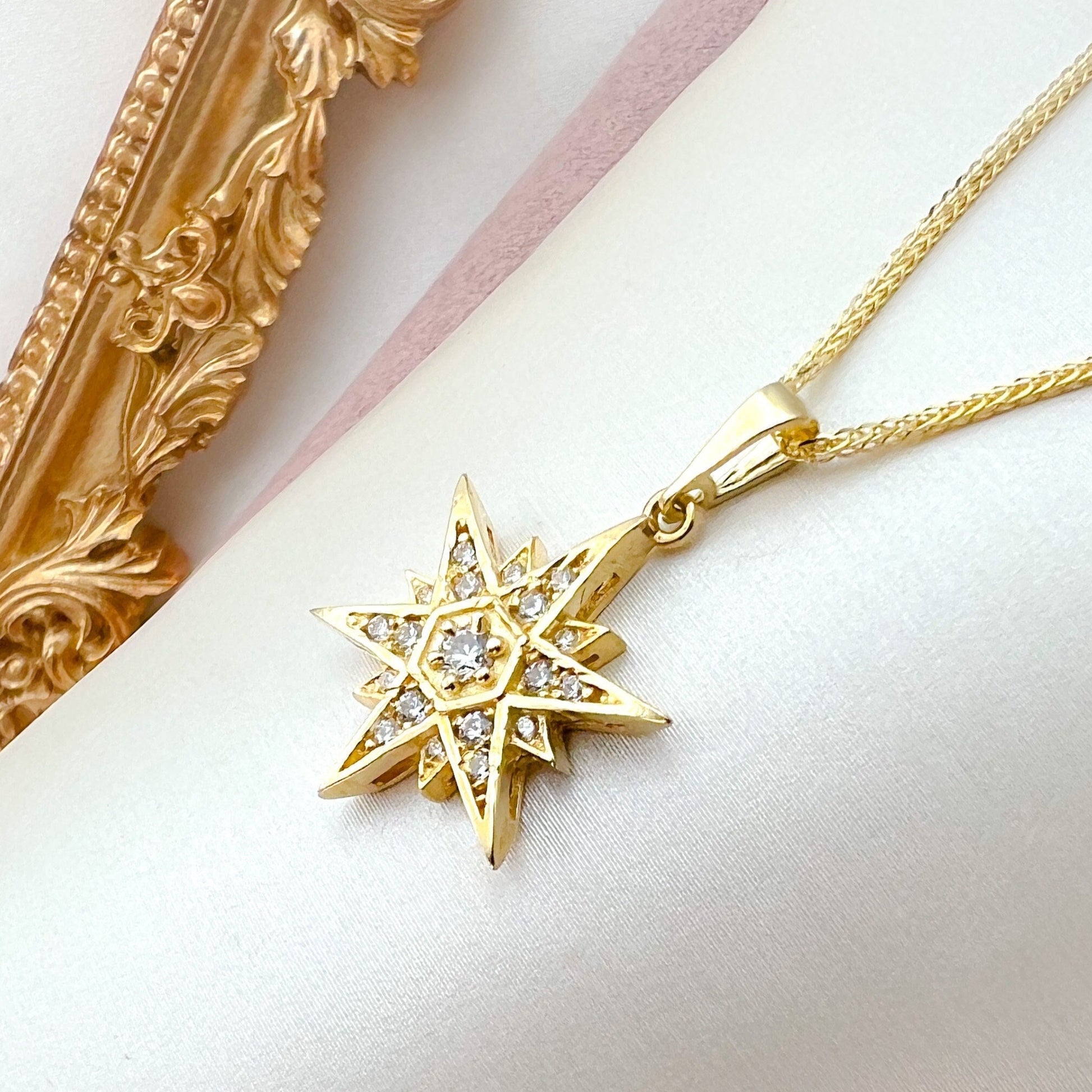 Star of Bethlehem 14k Gold Pendant with White Zircons and Gold Chain