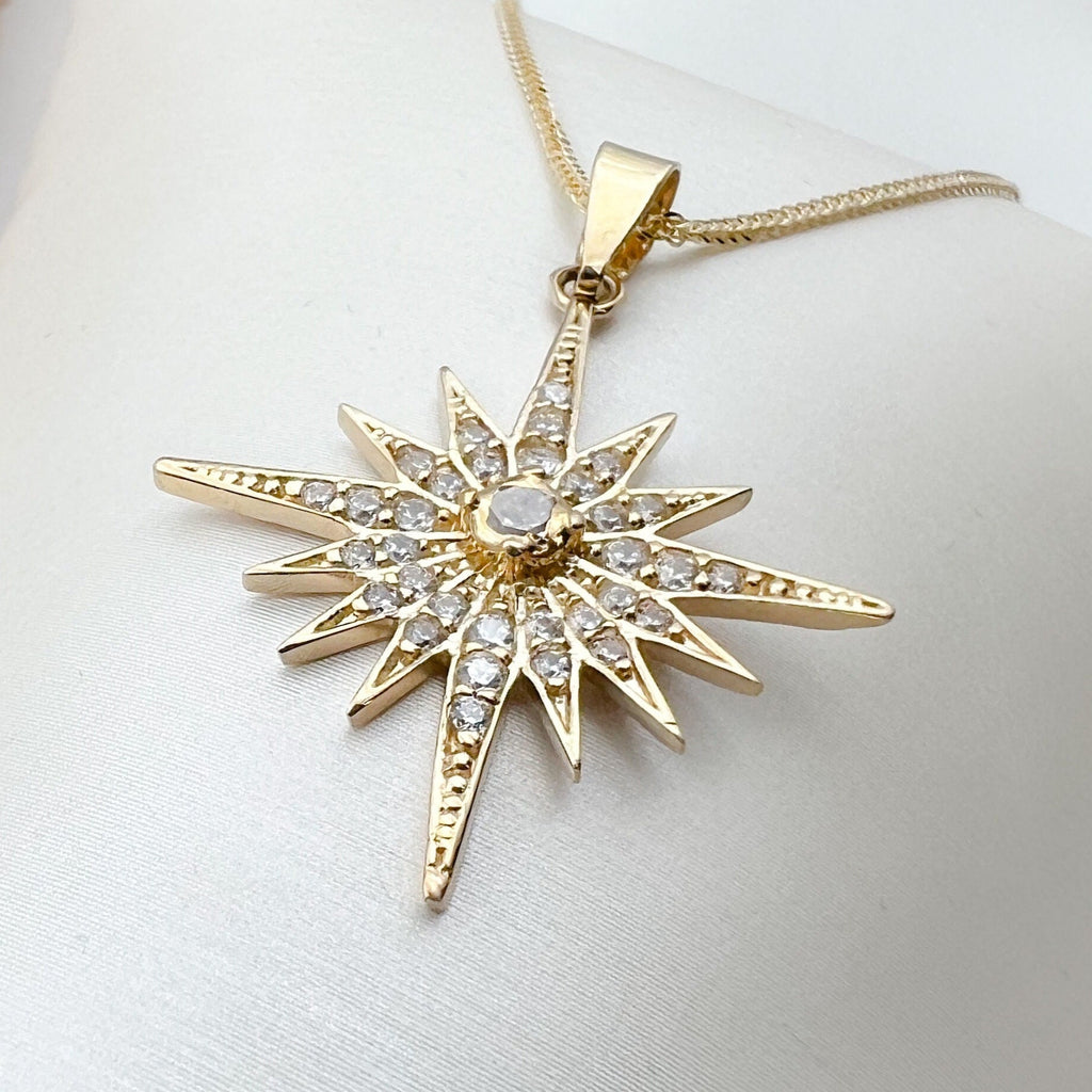 Elegant 14k Gold Star of Bethlehem Pendant with White Zircons and Gold Chain