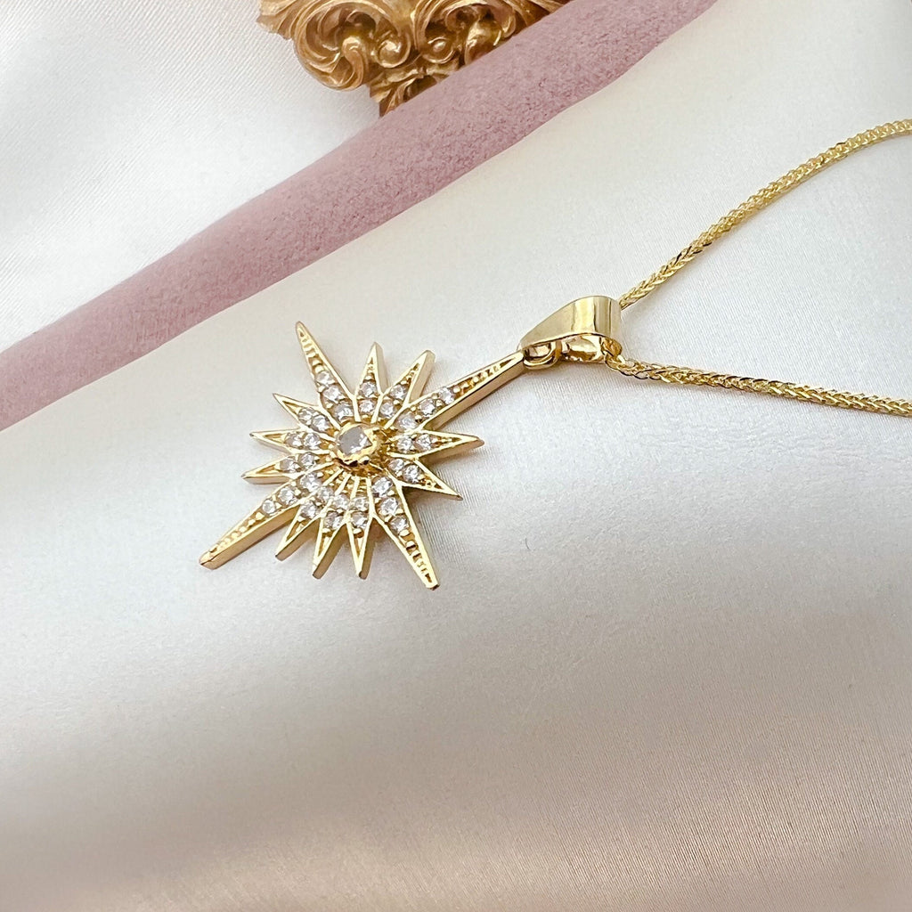 Elegant 14k Gold Star of Bethlehem Pendant with White Zircons and Gold Chain