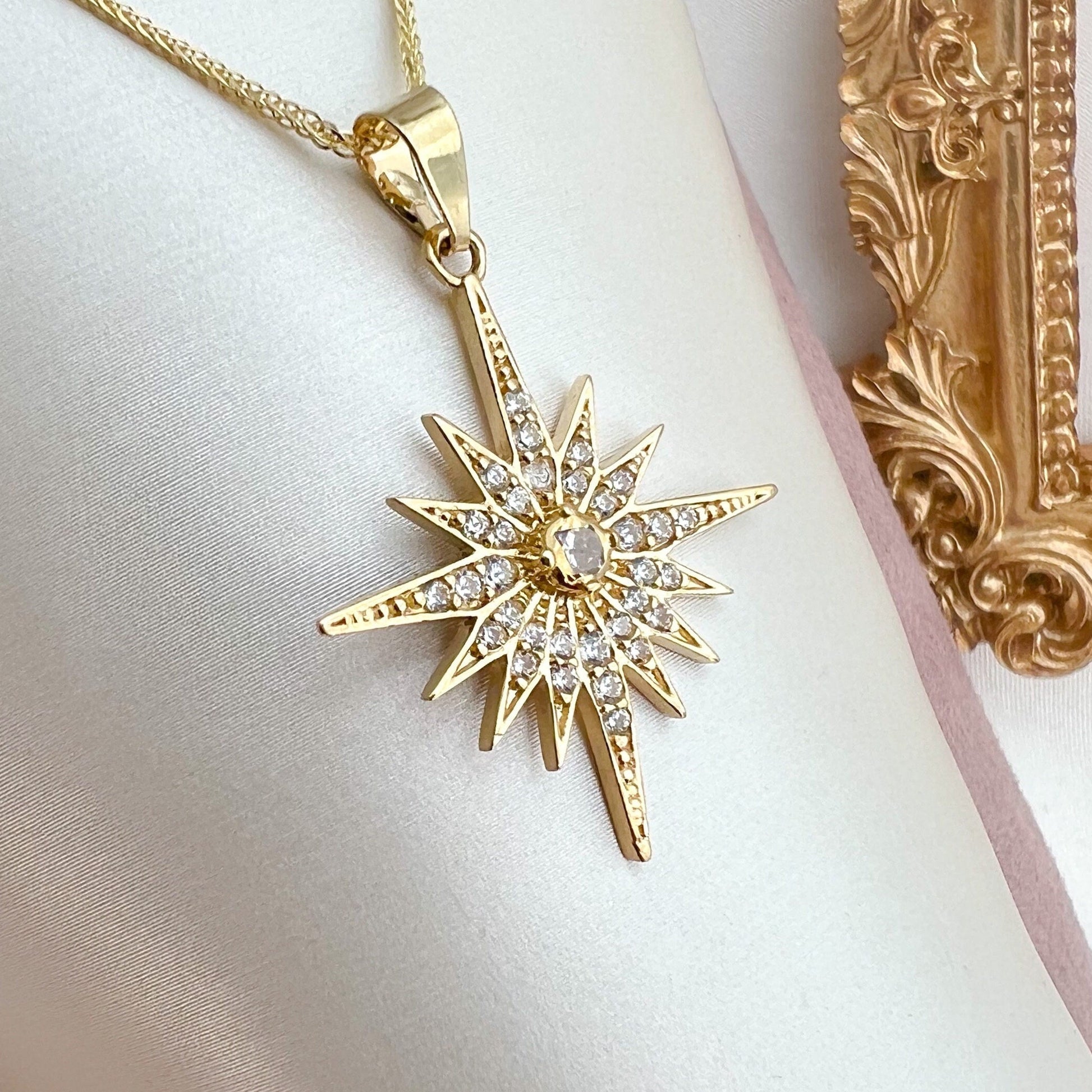 Elegant 14k Gold Star of Bethlehem Pendant with White Zircons and Gold Chain