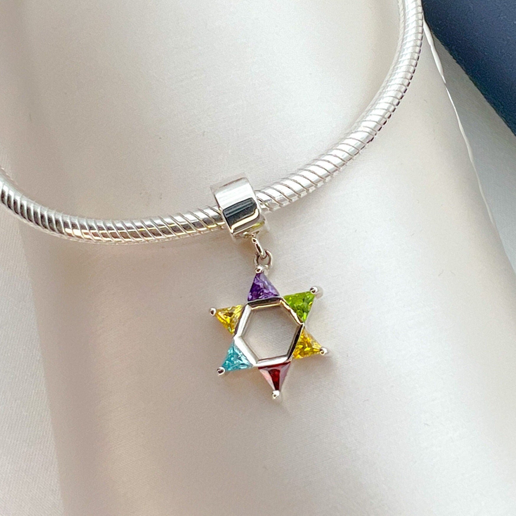 Silver David Star Charm with Colorful Stones for Pandora Bracelet
