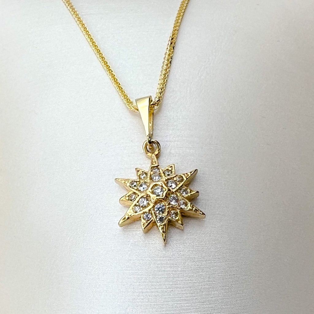 Star of Bethlehem 14k Gold Pendant with White Zircons and 14k Gold Chain