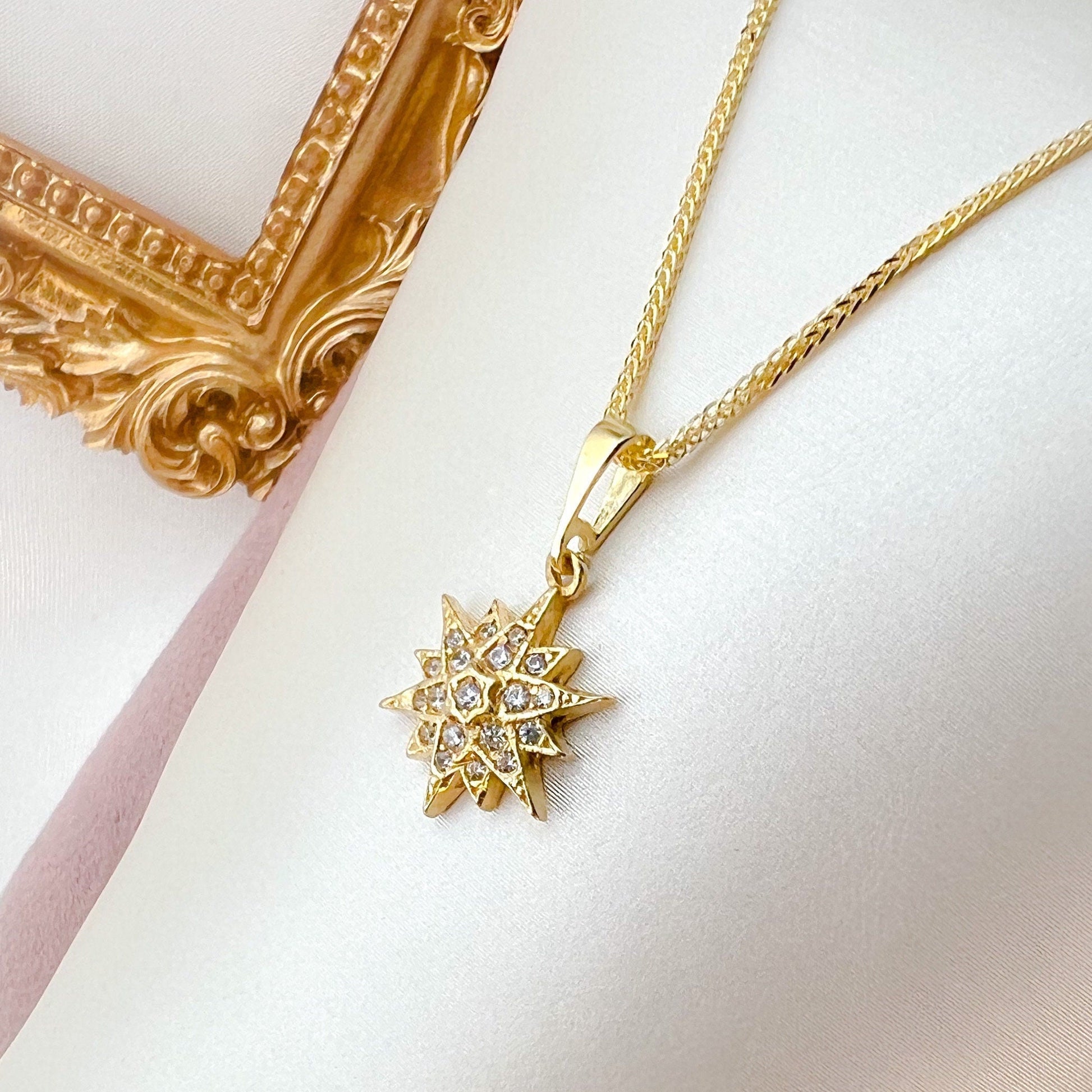 Star of Bethlehem 14k Gold Pendant with White Zircons and 14k Gold Chain