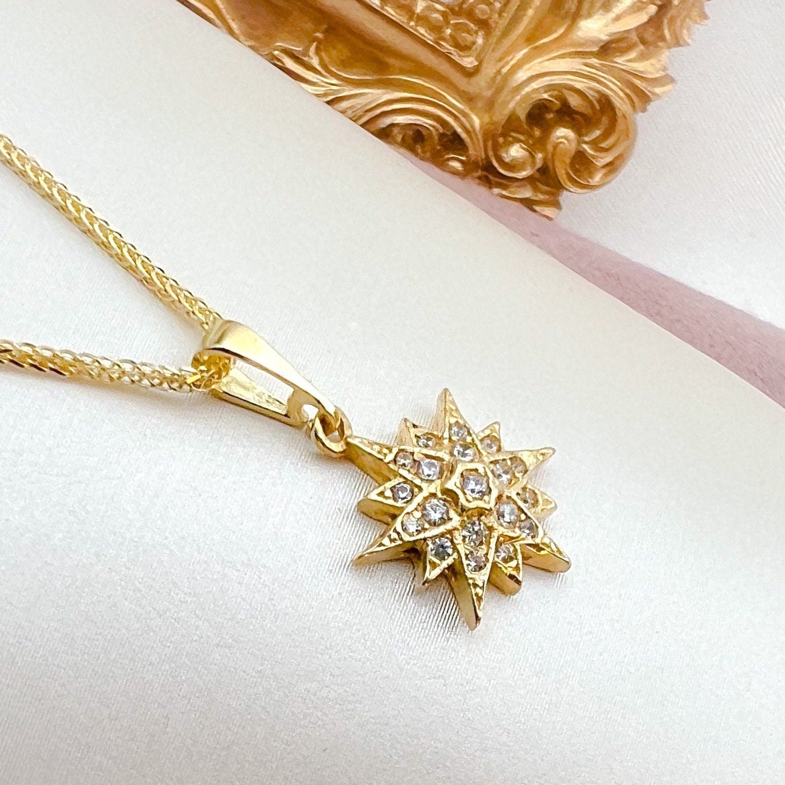 Star of Bethlehem 14k Gold Pendant with White Zircons and 14k Gold Chain