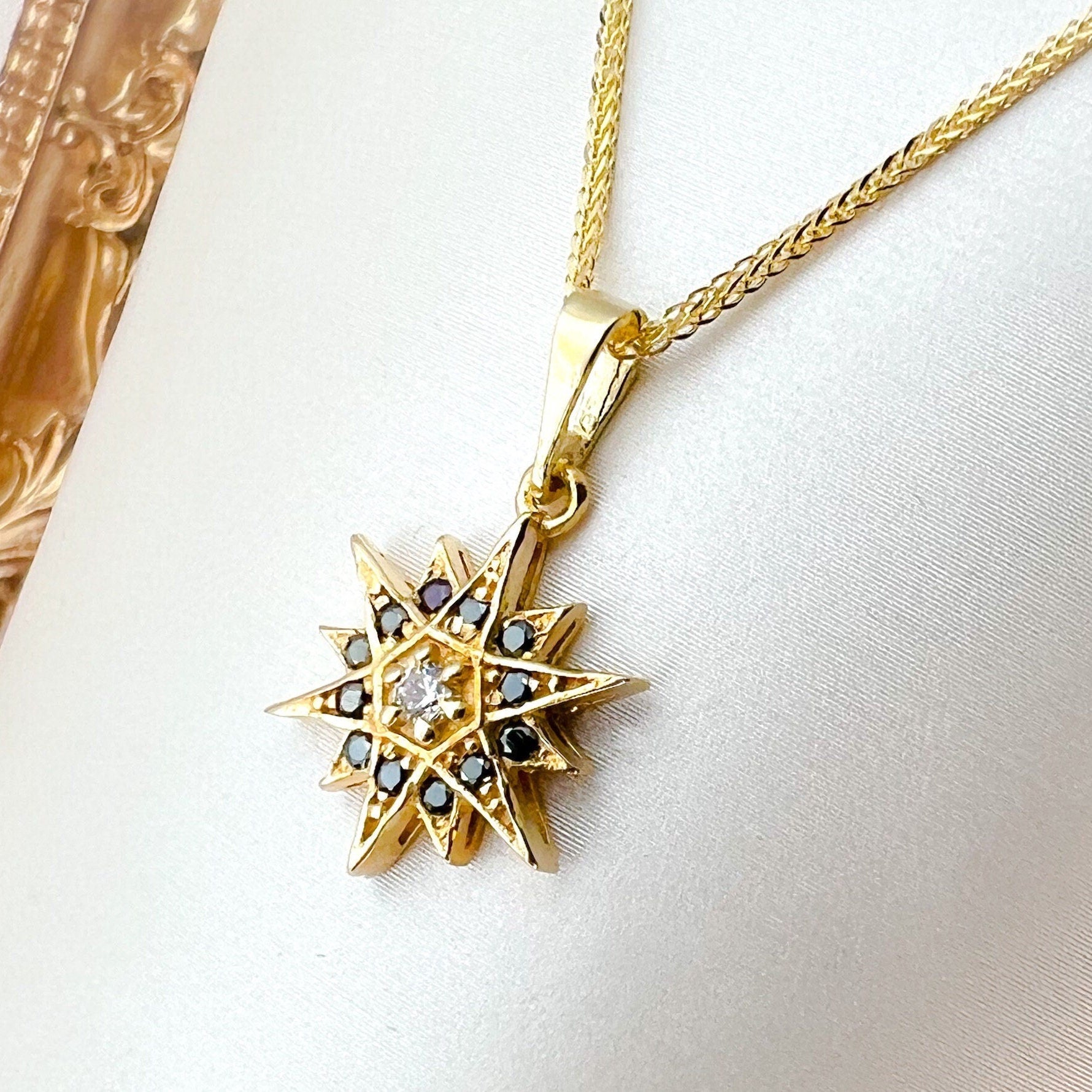 Star of Bethlehem 14k Gold Pendant with White Zircons and 14k Gold Chain