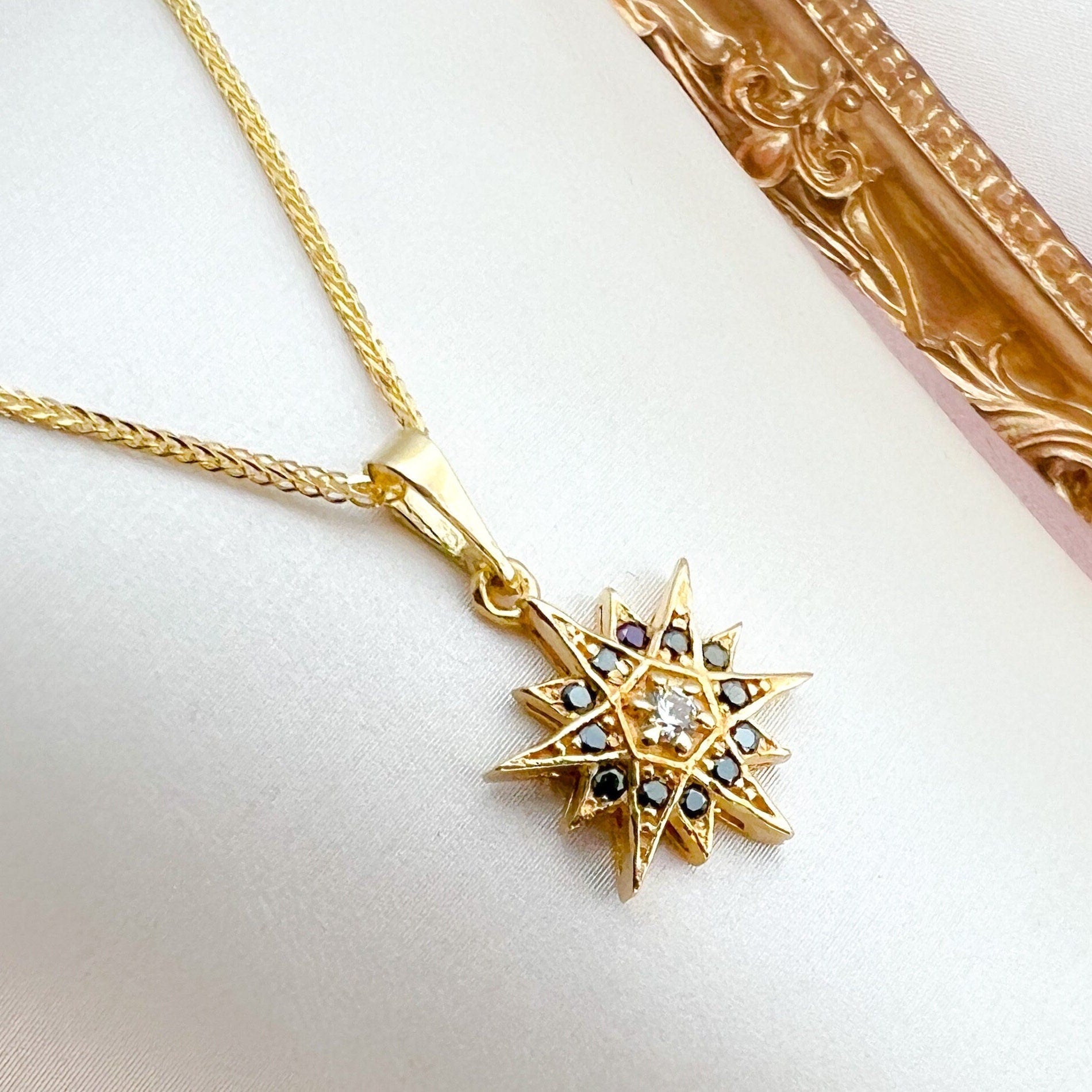 Star of Bethlehem 14k Gold Pendant with White Zircons and 14k Gold Chain