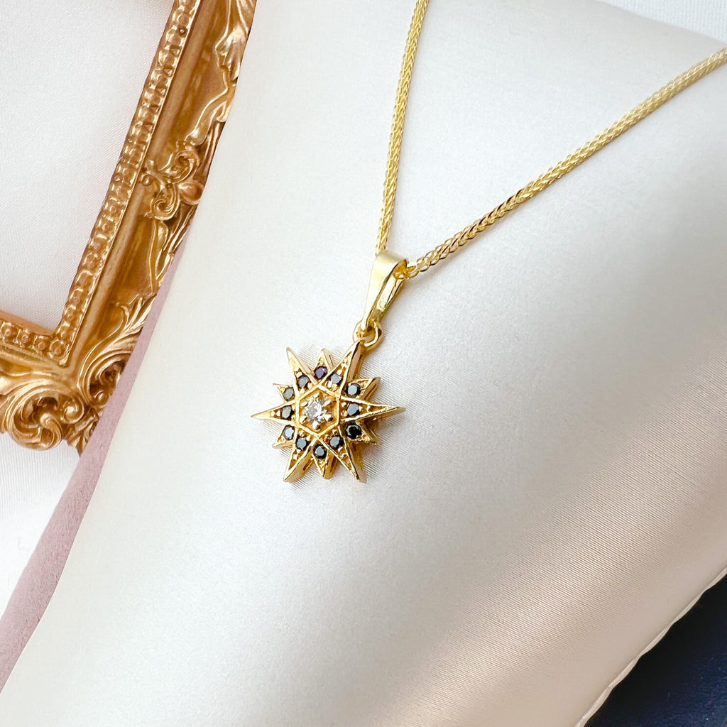 Star of Bethlehem 14k Gold Pendant with White Zircons and 14k Gold Chain