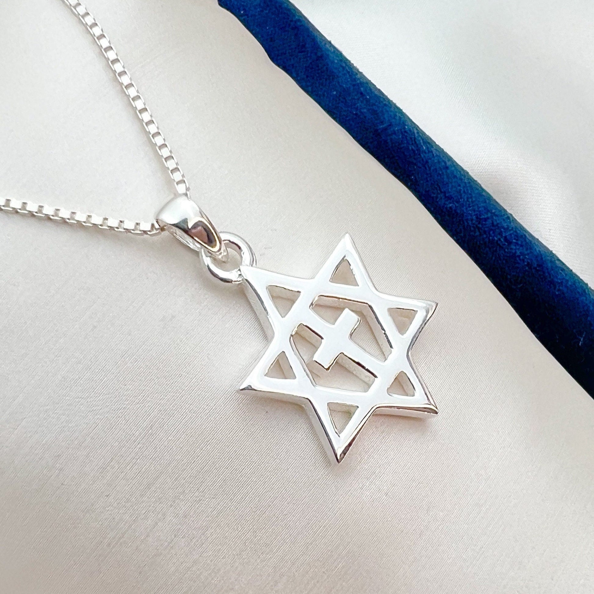 Messianic David Star Pendant with Cross in 925 Silver