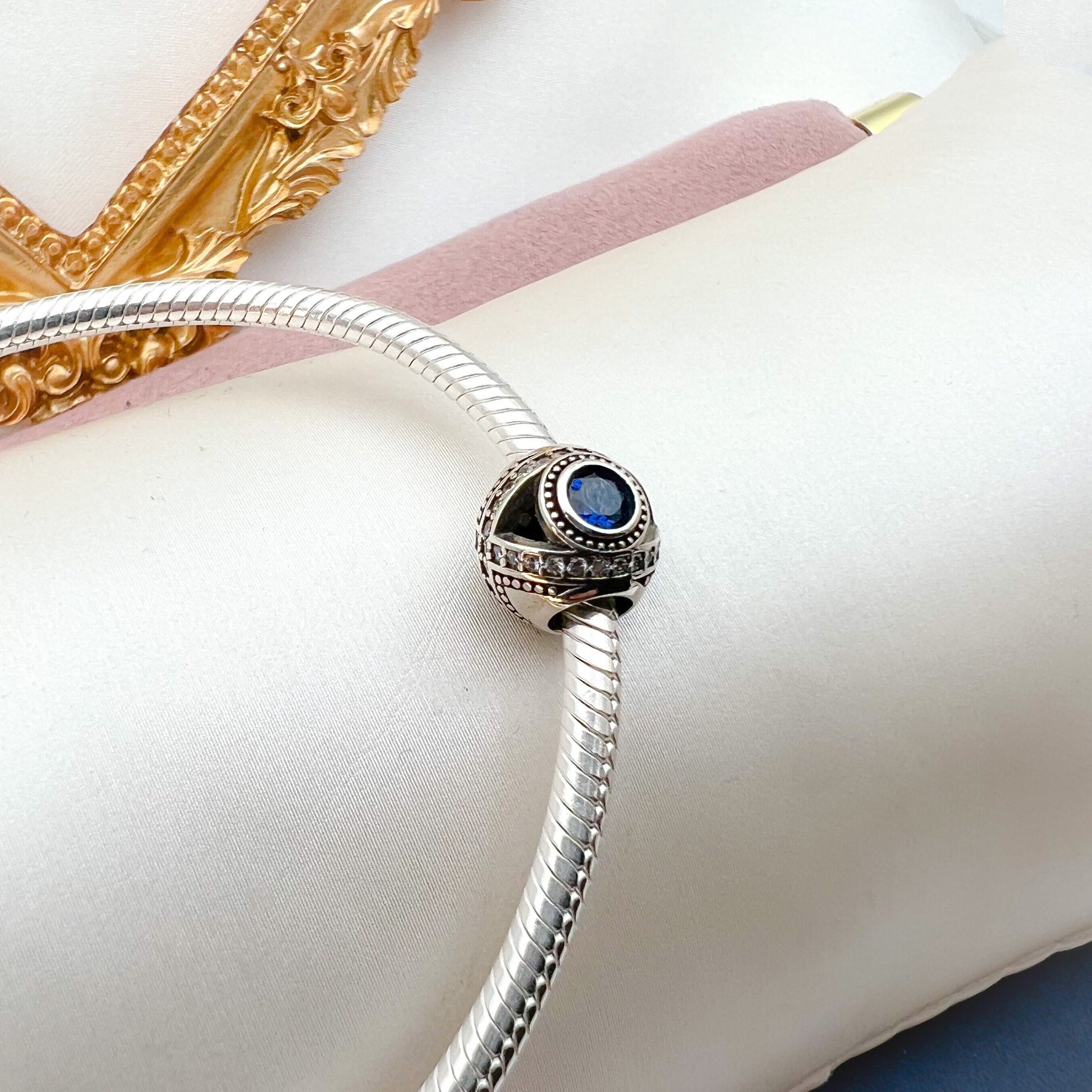 Sterling Silver Evil Eye Charm with Blue Sapphires and White Zircons – Protective and Stylish for Pandora Bracelets