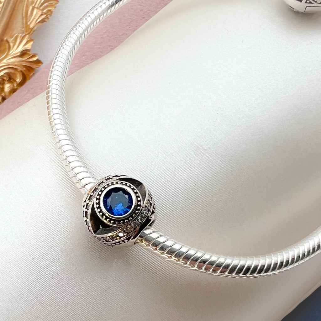 Sterling Silver Evil Eye Charm with Blue Sapphires and White Zircons – Protective and Stylish for Pandora Bracelets