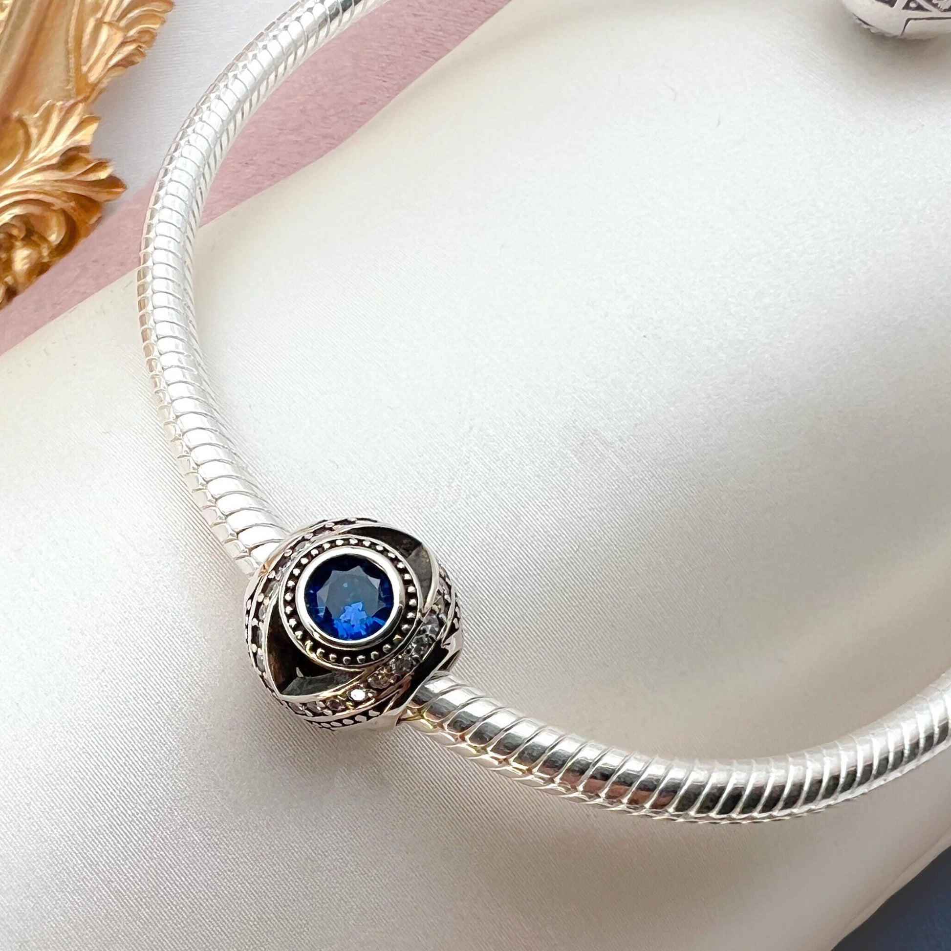 Sterling Silver Evil Eye Charm with Blue Sapphires and White Zircons – Protective and Stylish for Pandora Bracelets