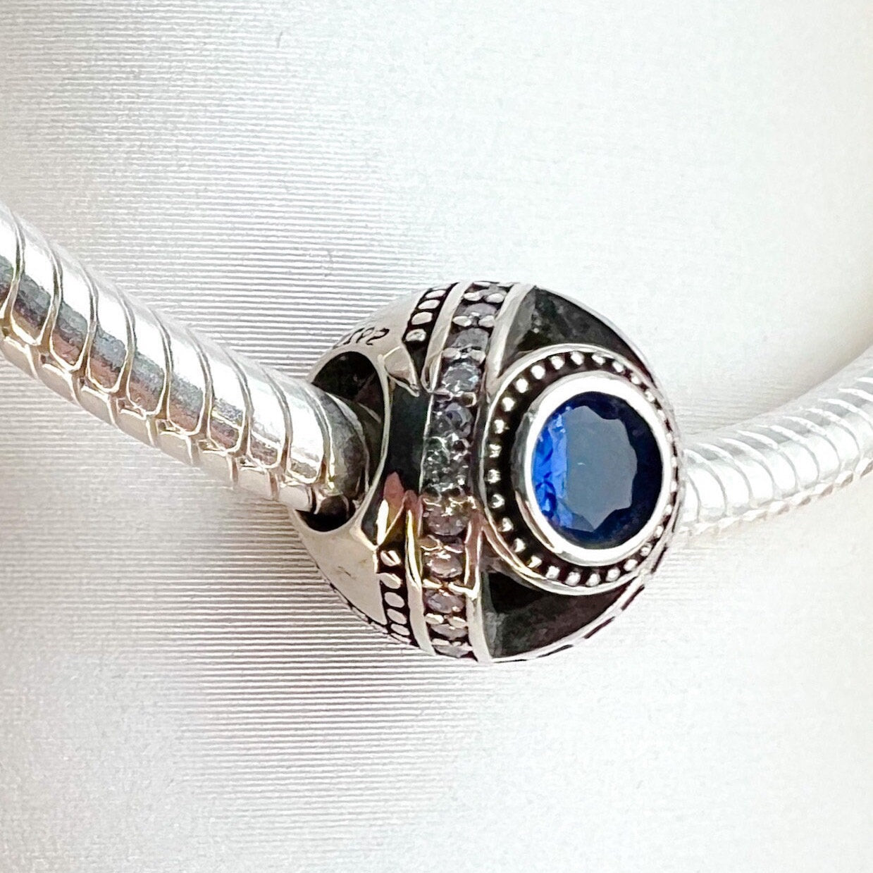 Sterling Silver Evil Eye Charm with Blue Sapphires and White Zircons – Protective and Stylish for Pandora Bracelets