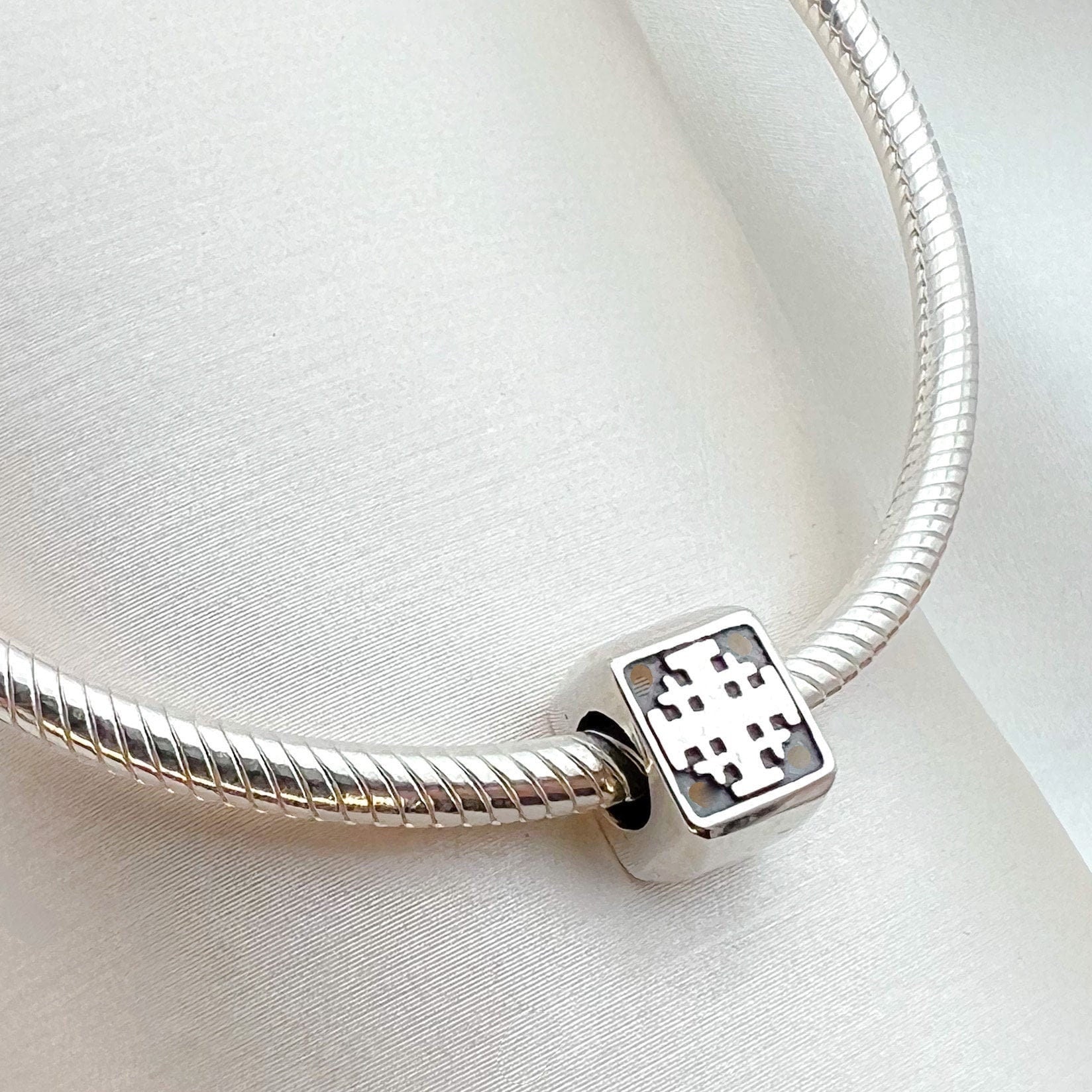 Elegant Jerusalem Cross Cube Charm in Sterling Silver – Perfect for Pandora Bracelets
