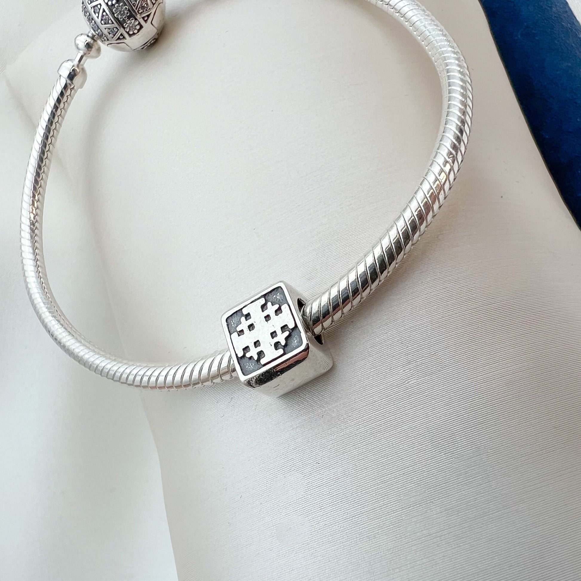 Elegant Jerusalem Cross Cube Charm in Sterling Silver – Perfect for Pandora Bracelets