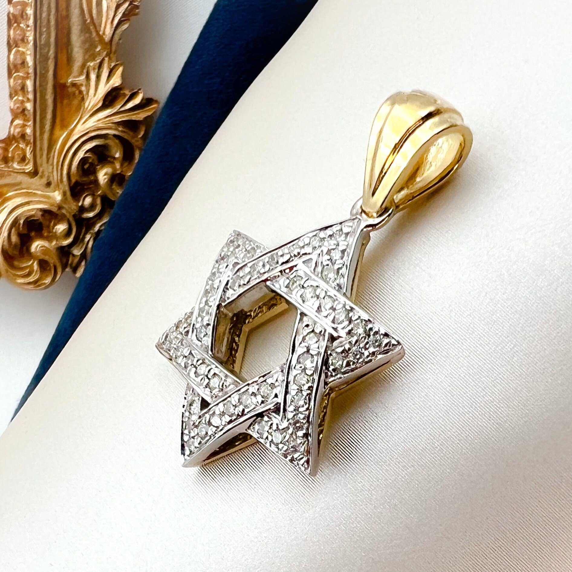 Diamond Studded David Star Pendant in 14k Gold