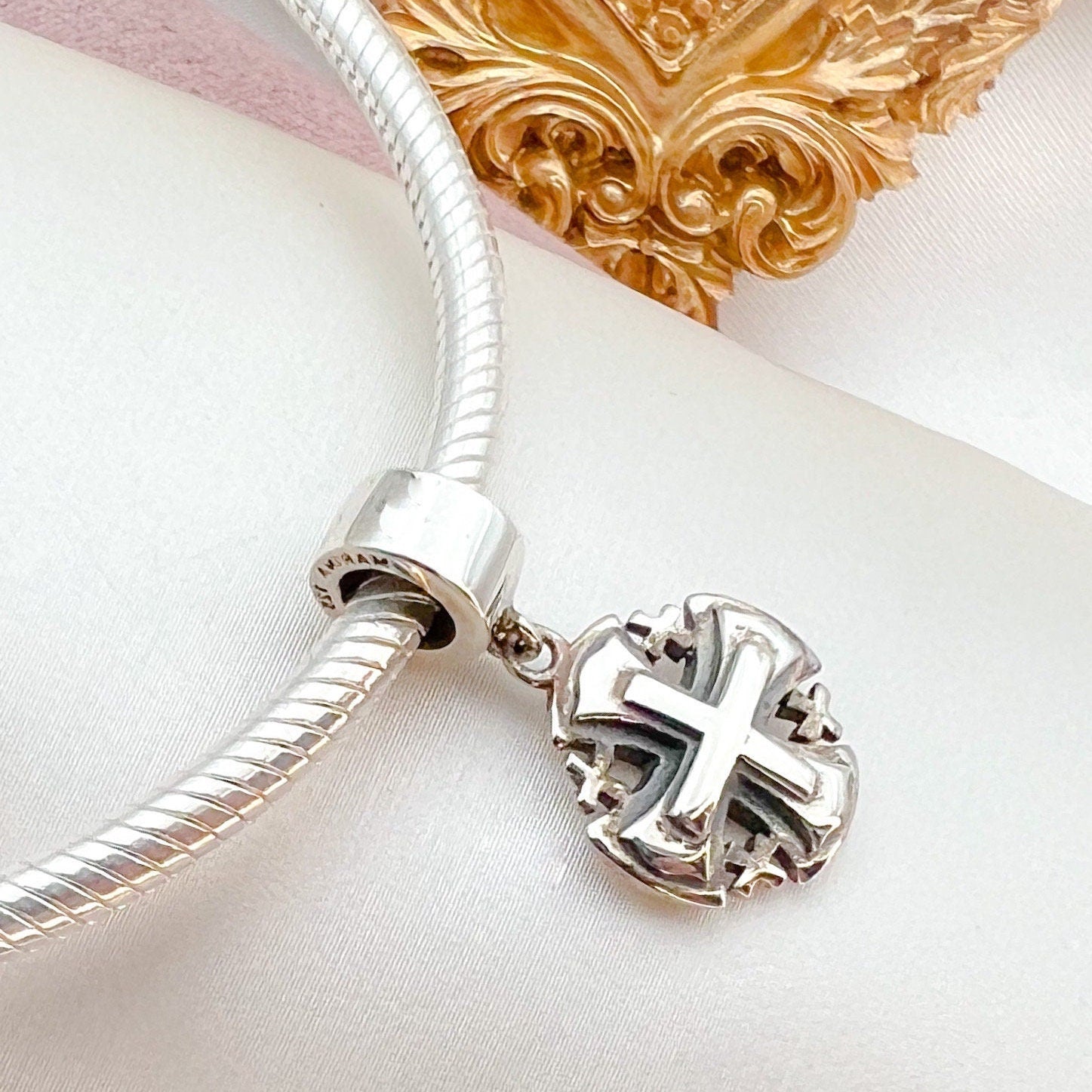 Elegant Sterling Silver Jerusalem Cross Charm – Symbol of Faith for Pandora Bracelets