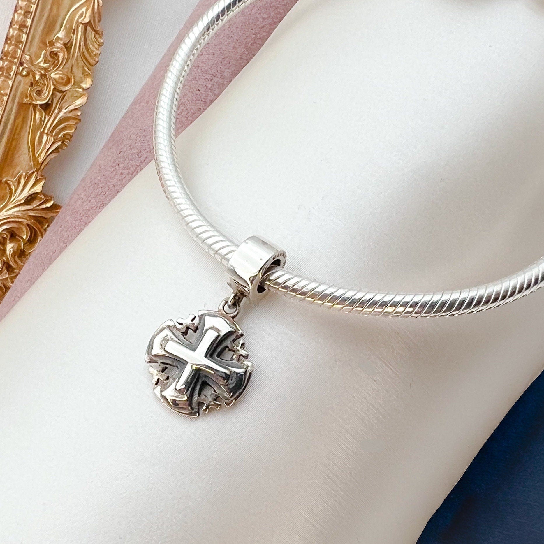 Elegant Sterling Silver Jerusalem Cross Charm – Symbol of Faith for Pandora Bracelets