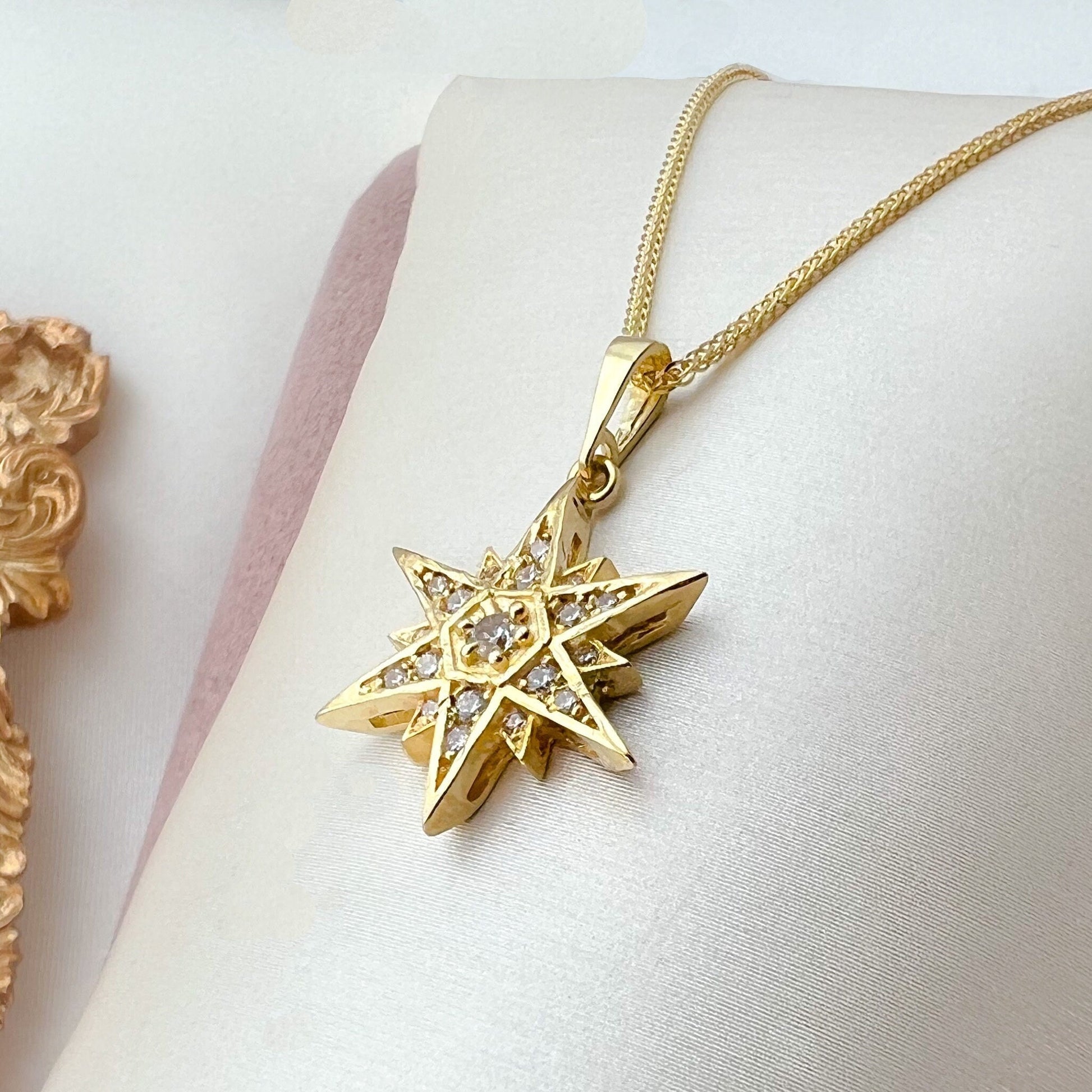 Star of Bethlehem 14k Gold Pendant with White Zircons and Gold Chain