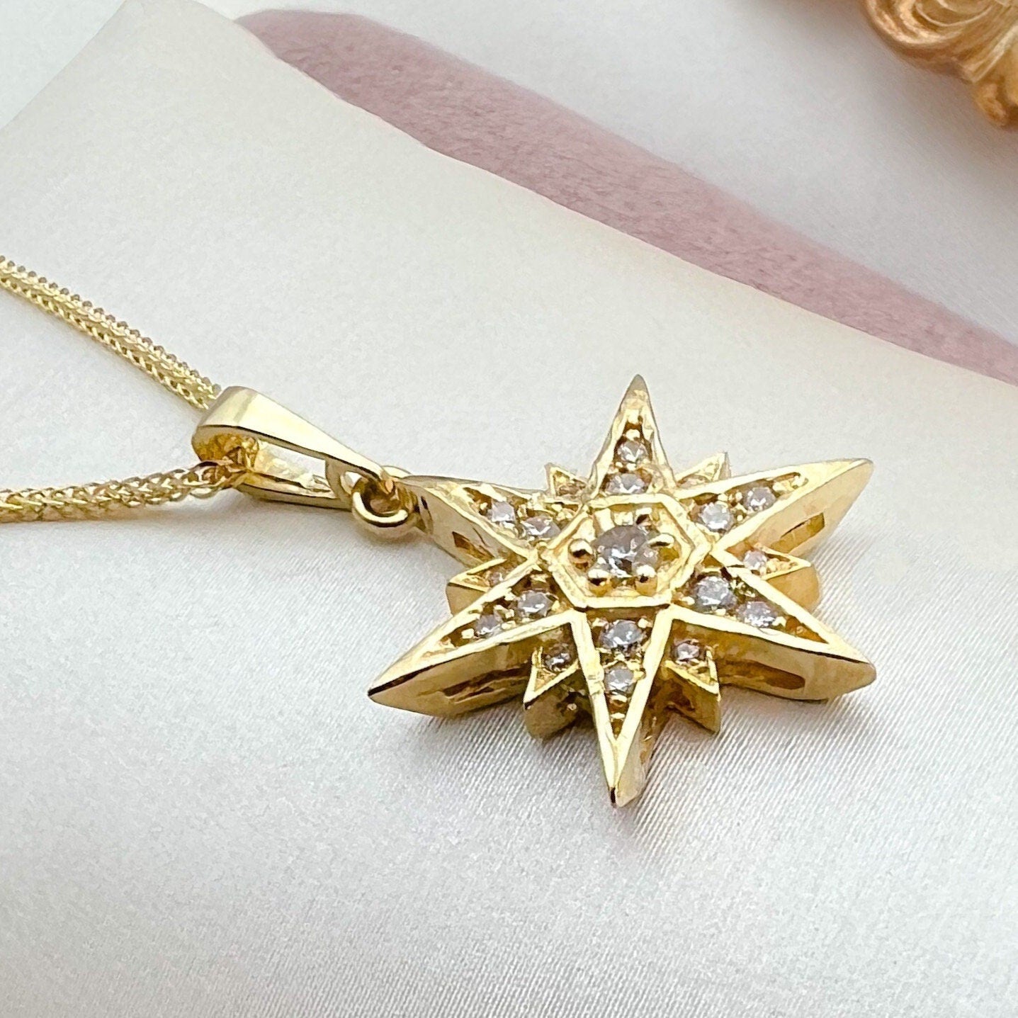 Star of Bethlehem 14k Gold Pendant with White Zircons and Gold Chain