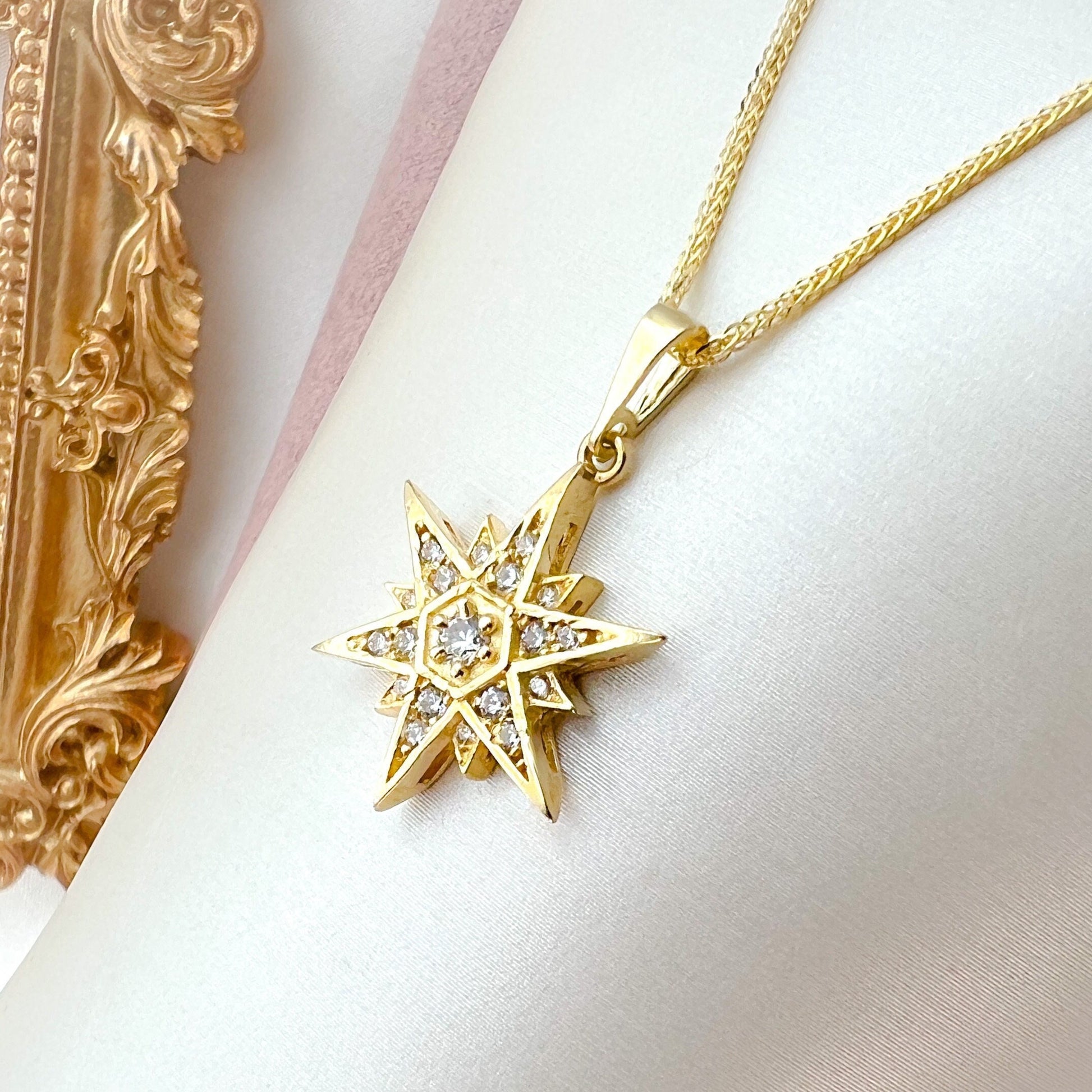 Star of Bethlehem 14k Gold Pendant with White Zircons and Gold Chain