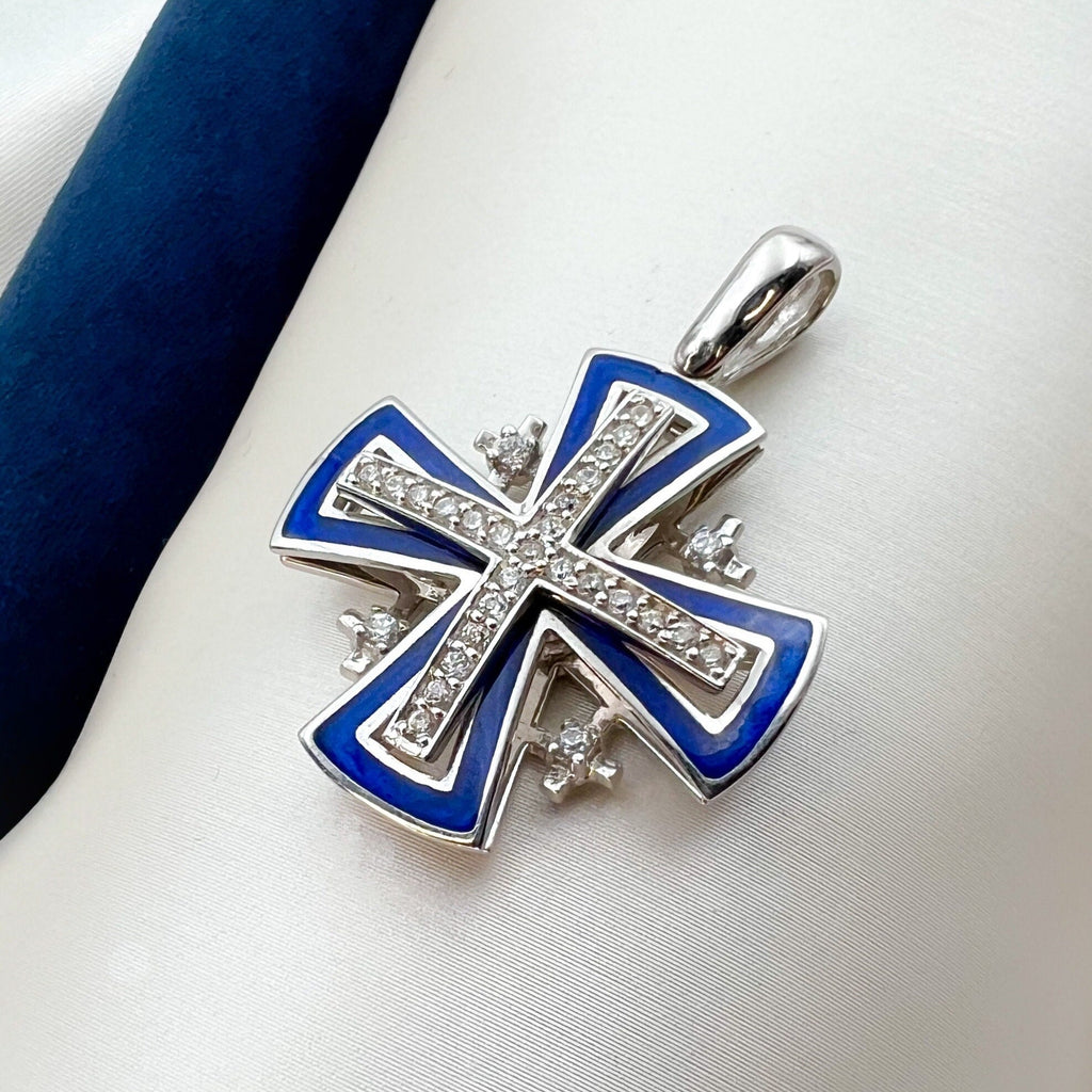 Big 14k White Gold Jerusalem Cross Pendant with Zircons and Blue Enamel