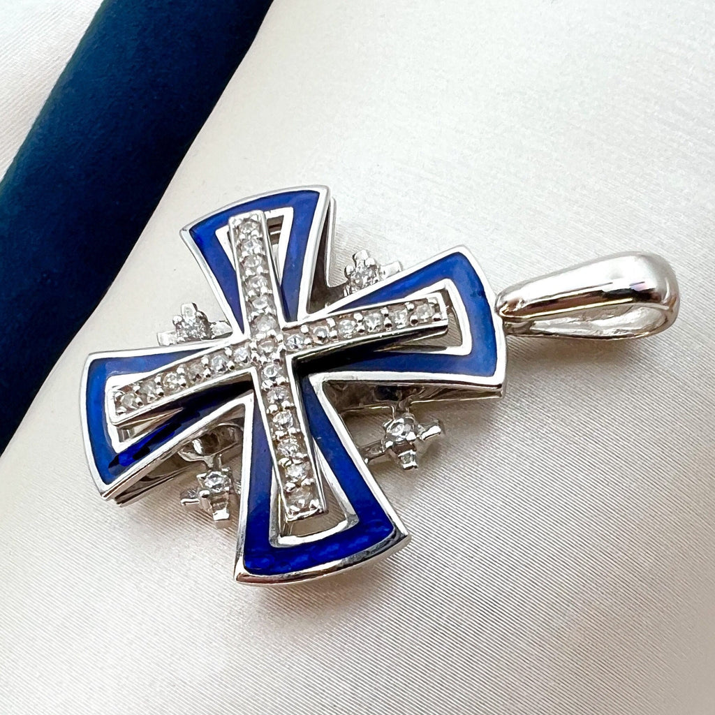 Big 14k White Gold Jerusalem Cross Pendant with Zircons and Blue Enamel