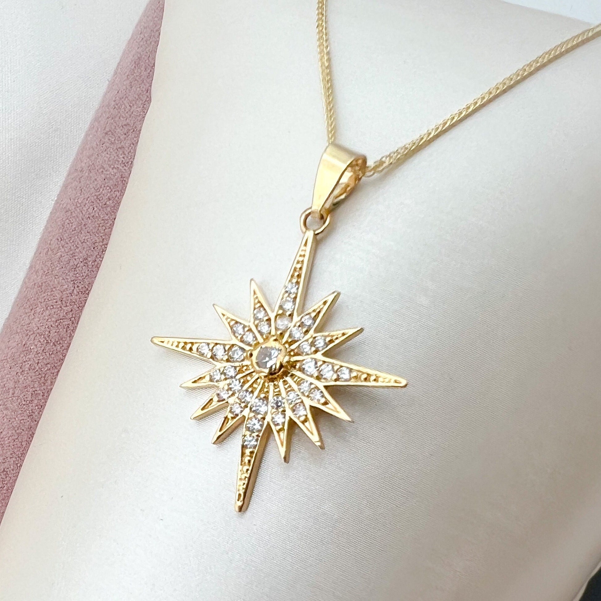 Elegant 14k Gold Star of Bethlehem Pendant with White Zircons and Gold Chain