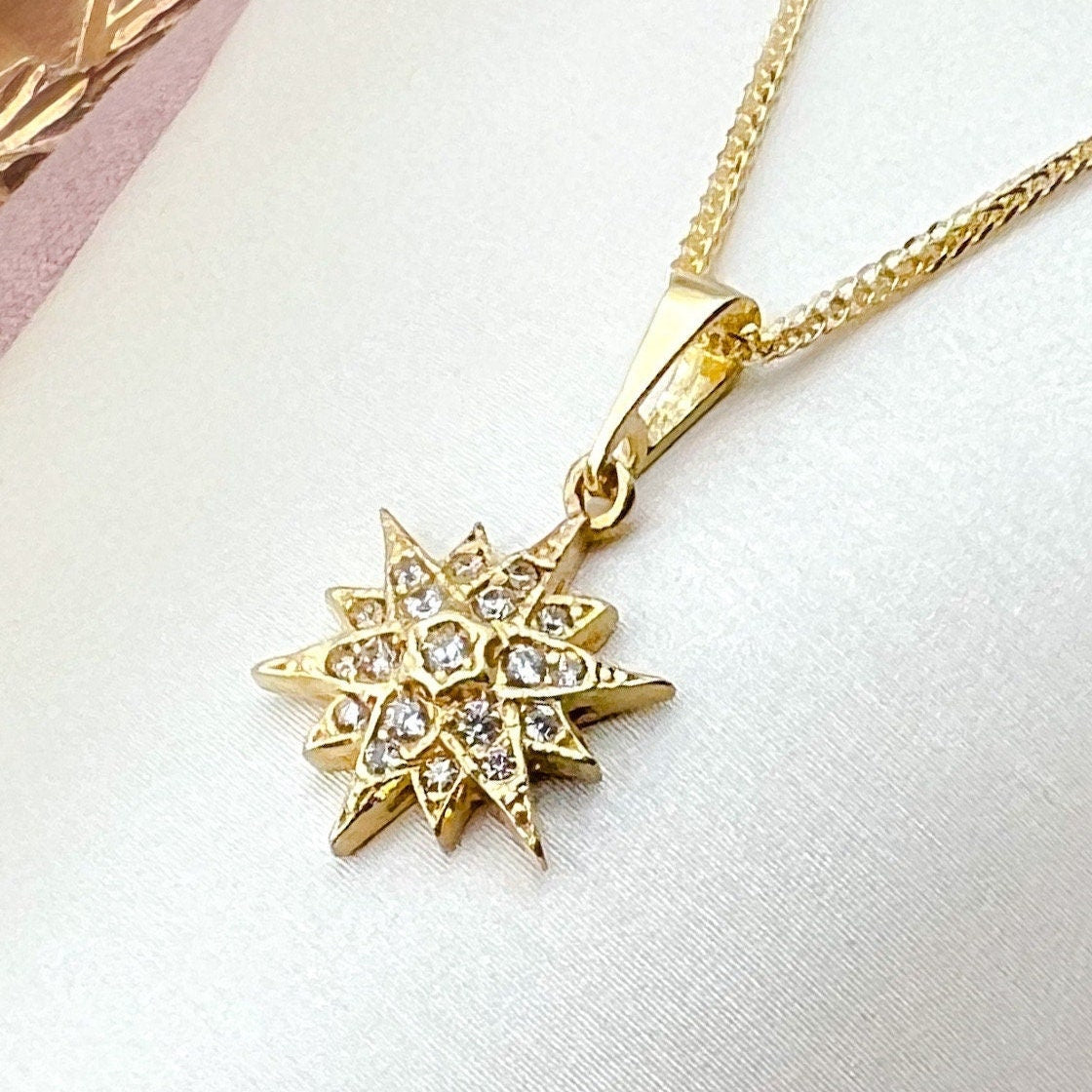 Star of Bethlehem 14k Gold Pendant with White Zircons and 14k Gold Chain