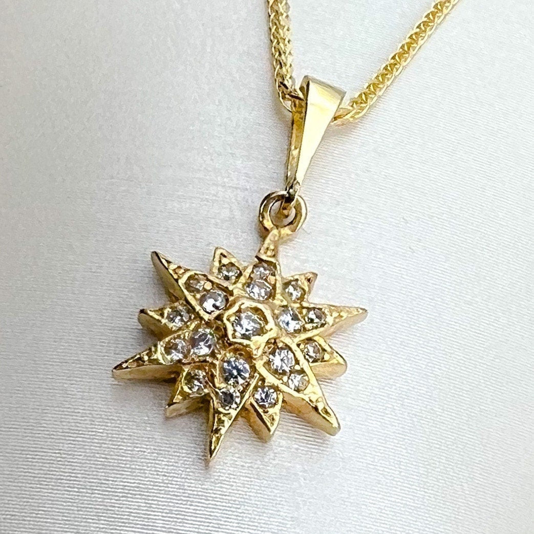 Star of Bethlehem 14k Gold Pendant with White Zircons and 14k Gold Chain