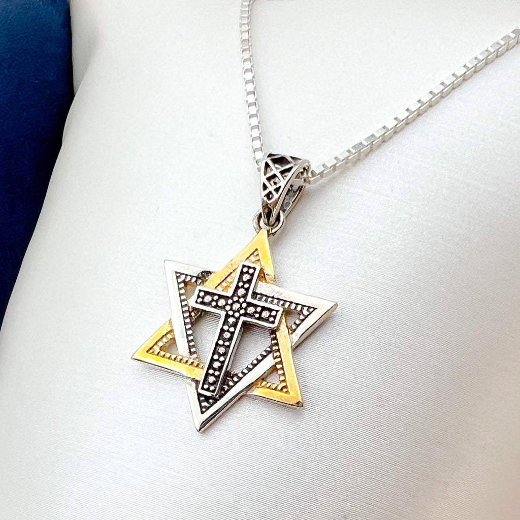 Messianic Elegance Sterling Silver and Gold David Star with Cross Pendant