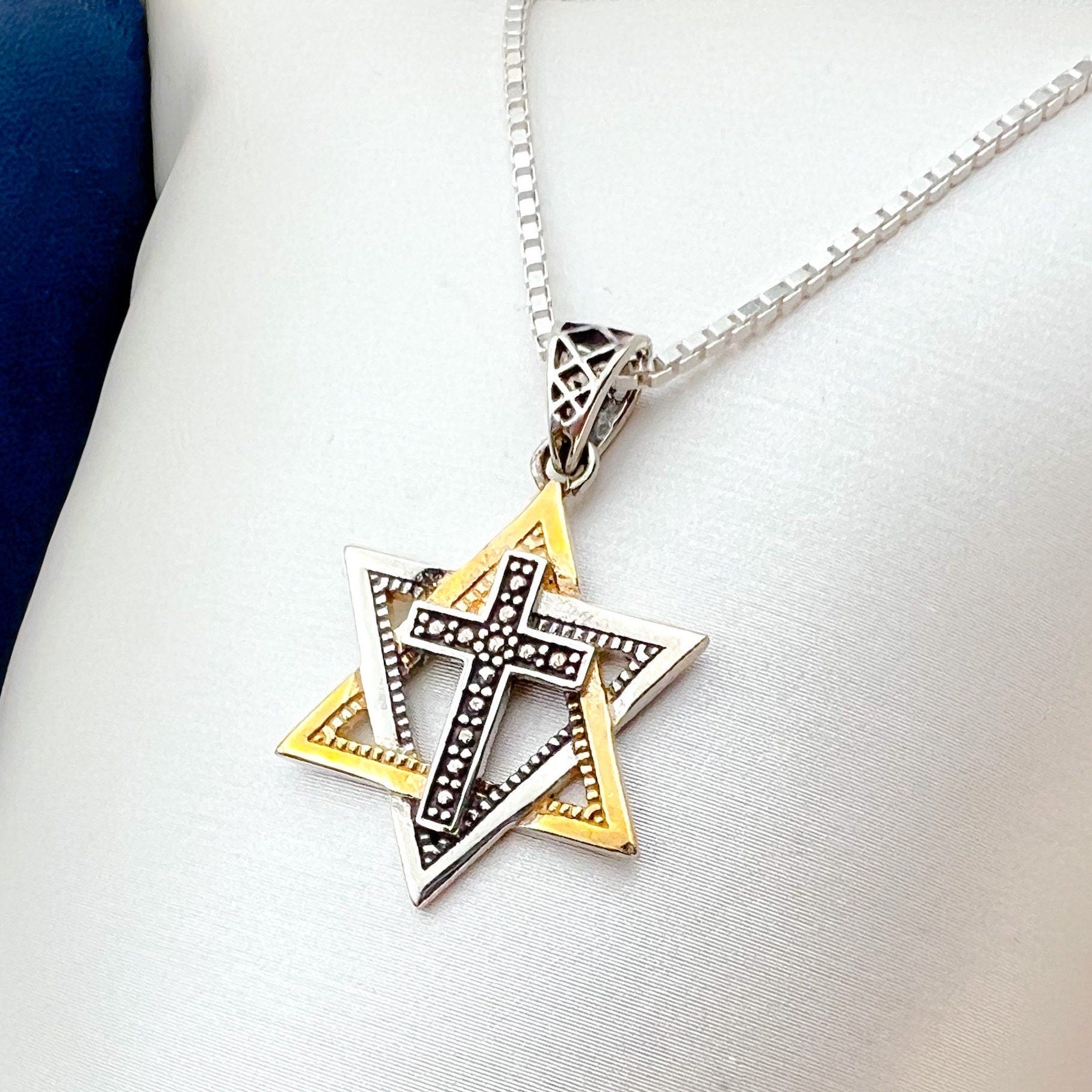 Messianic Elegance Sterling Silver and Gold David Star with Cross Pendant