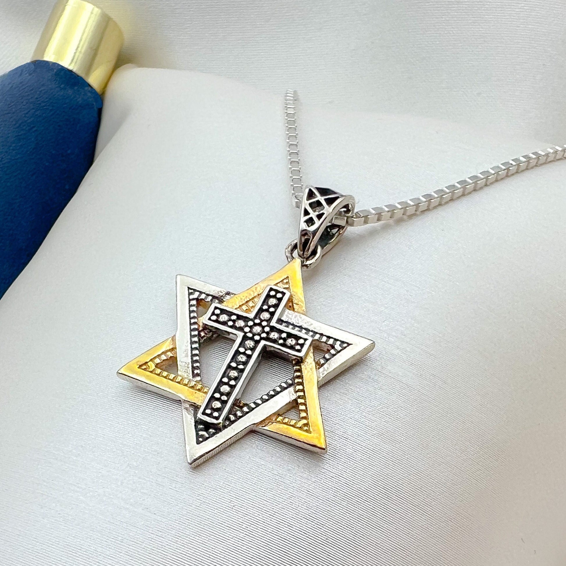 Messianic Elegance Sterling Silver and Gold David Star with Cross Pendant